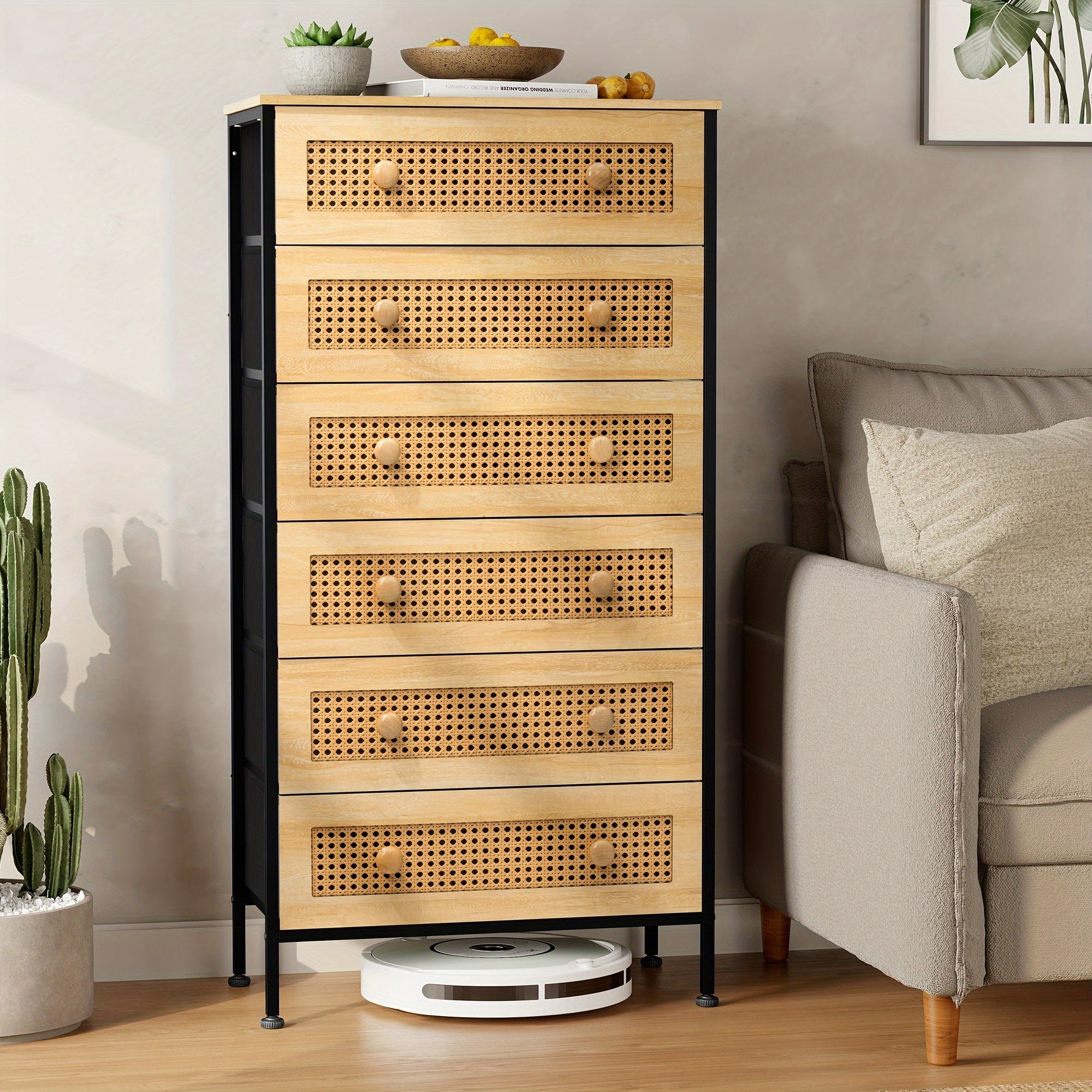 Rattan Dresser Storage Tower - Sturdy Steel Frame, Wood Top, Easy Pull Fabric Bins, Wood Handles - Organizer Unit For Bedroom, Hallway, Entryway, Closets - 6 Drawers (Natural)