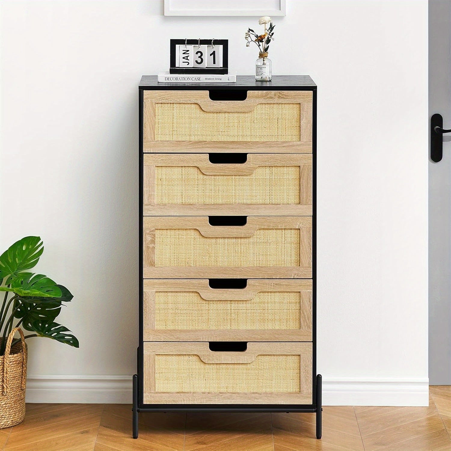 Natural Rattan 5 Drawer Dresser, Chest of Drawer, Farmhouse Storage Cabinet with Solid Metal Legs, Modern Storage Unit for Bedroom, Living Room, Entryway, Black+Oak