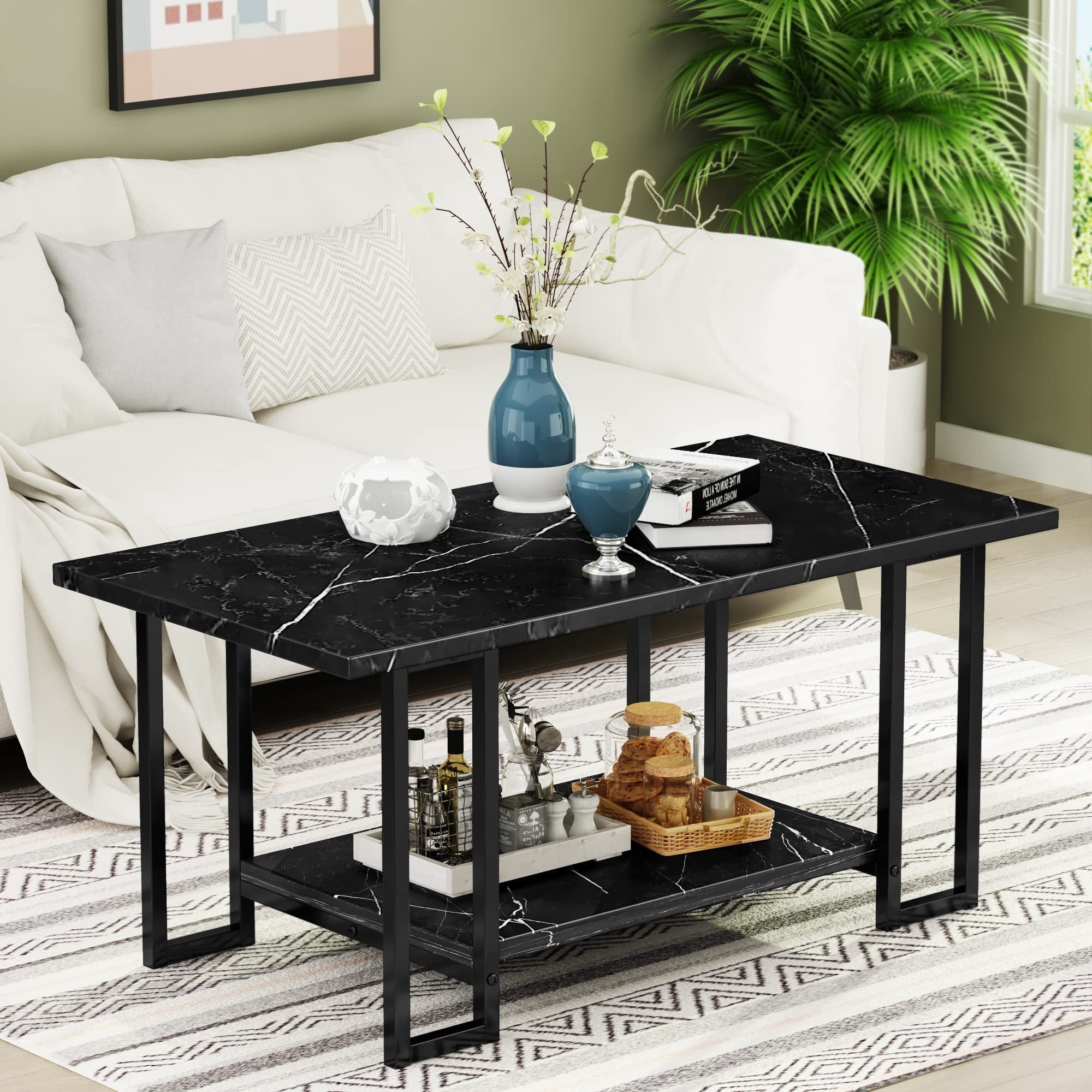 Modern Marble Coffee Table with 101cm Artificial Stone Rectangular Top, Metal Frame, Double Design, Multi-Color Option for Living Room, Office and Balcony