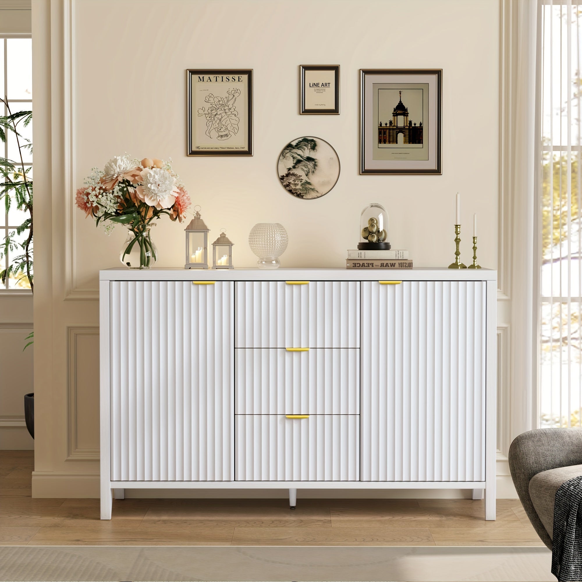 Buffet Cabinet With Storage, Fluted Storage Cabinet Large Sideboard Cabinet With 3 Drawers And Adjustable Shelf, Accent Cabinet Credenza For Kitchen, Living Room, Hallway