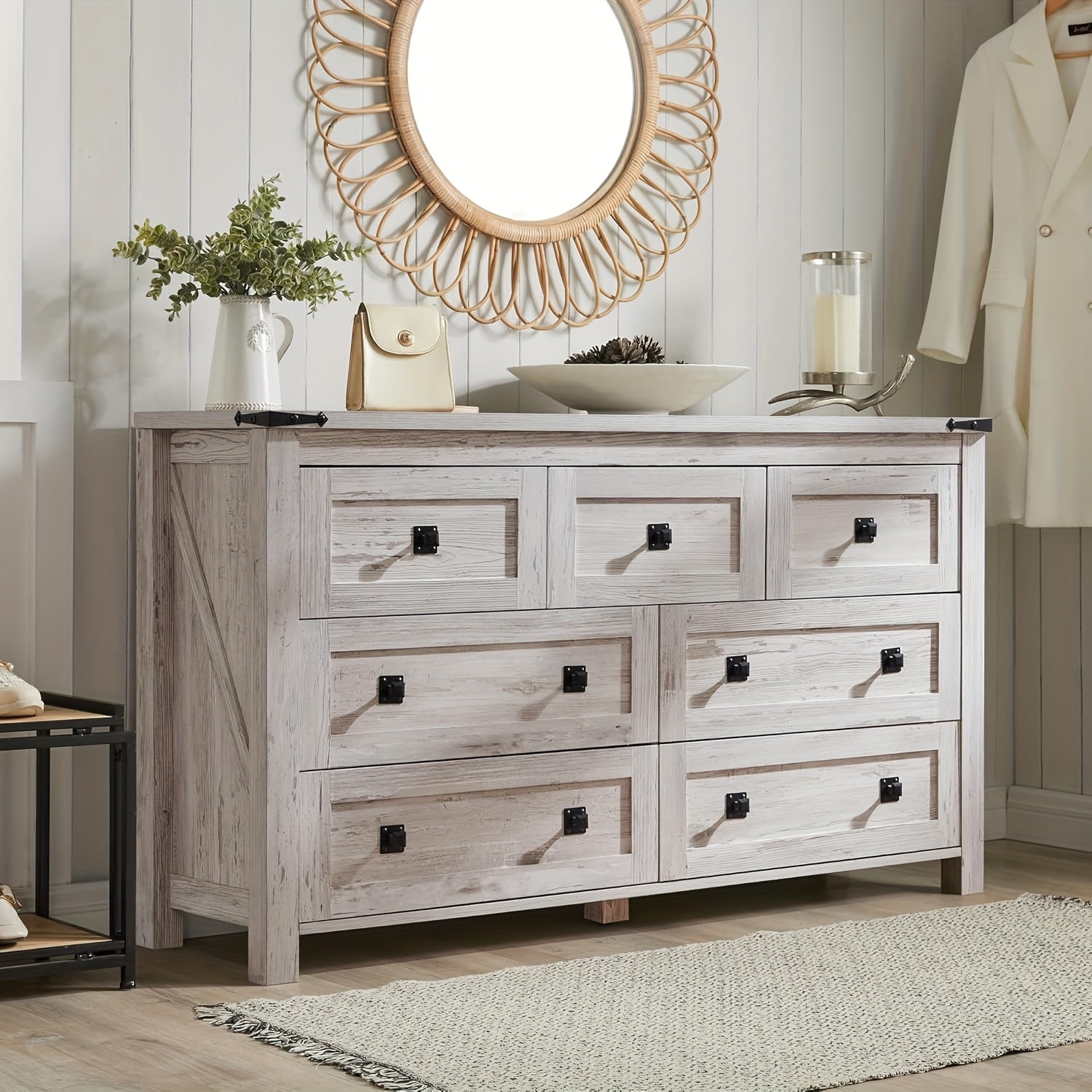 Farmhouse 7 Drawers Dresser for Bedroom Wood Rustic Dresser TV Stand Storage Organizer Dresser Chest of Drawers
