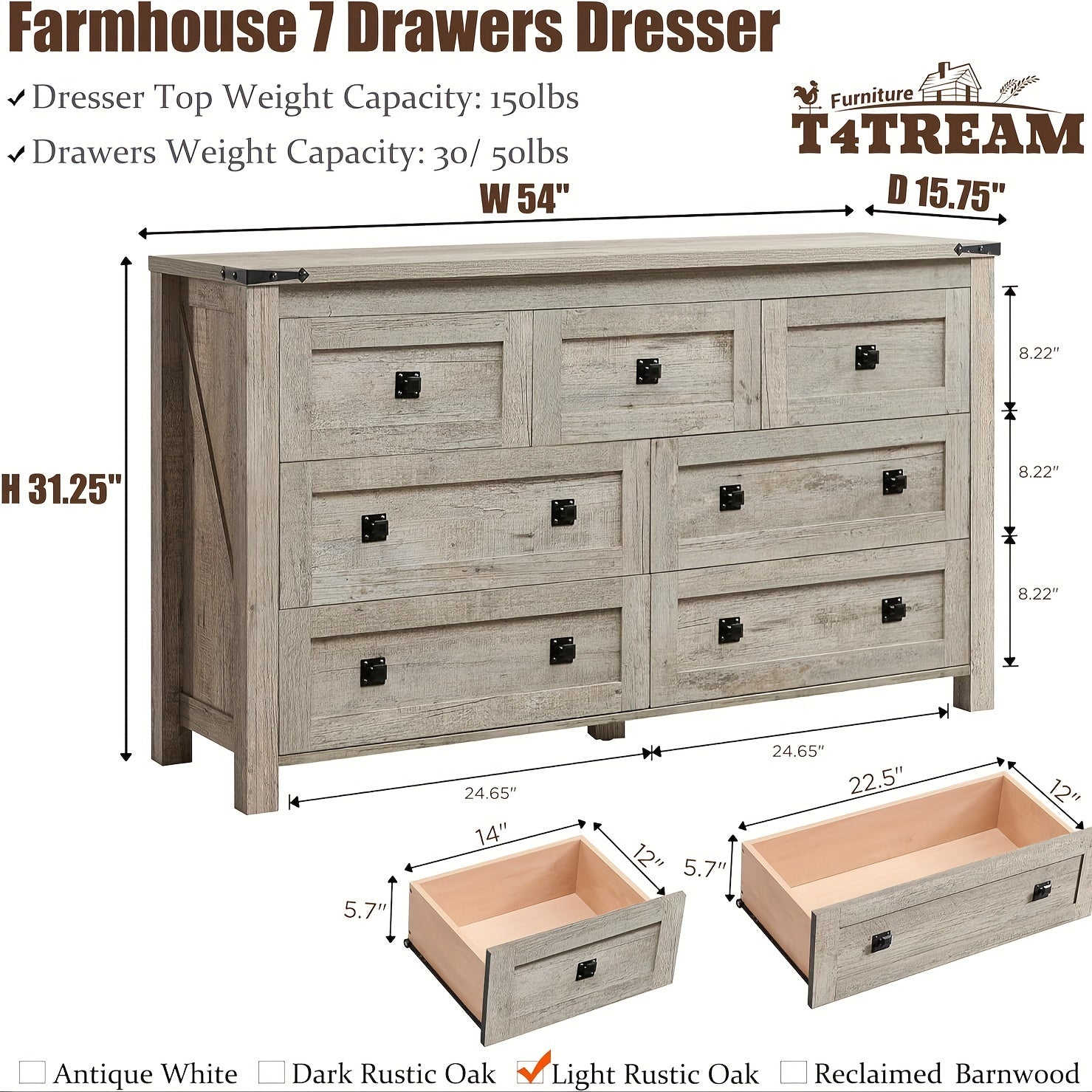 Farmhouse 7 Drawers Dresser for Bedroom Wood Rustic Dresser TV Stand Storage Organizer Dresser Chest of Drawers