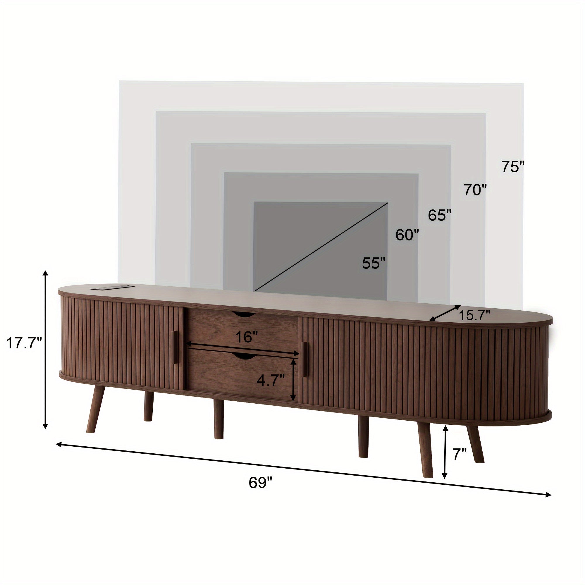 Chic Curved Edge Modern TV Stand - 55/69" Oak/Walnut, Farmhouse Style with 2 Drawers & Adjustable Shelves, Solid Wood Legs, Beige Media Console Table, Tv Console for Living Room