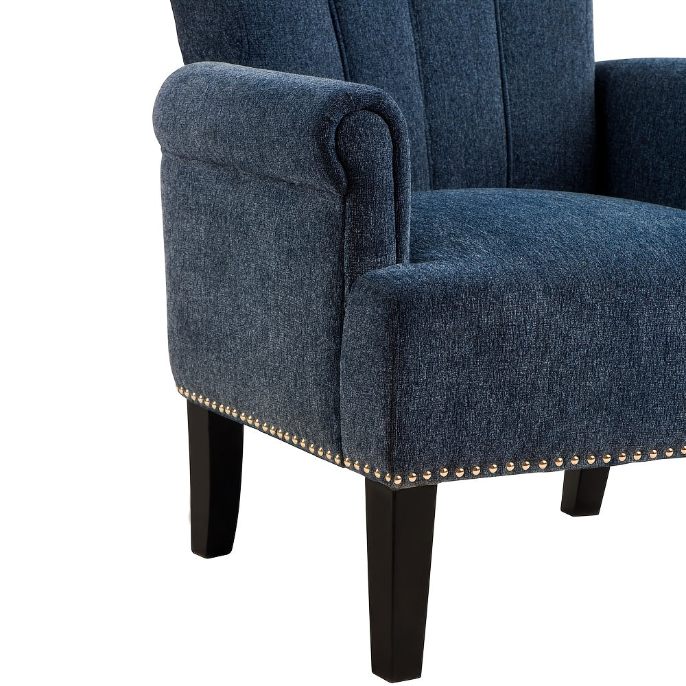 1pc Navy Blue Tufted Accent Armchair - Solid Wood Frame, Polyester Upholstery, Foam Padding, Rivet-Trimmed, Non-Adjustable, Dry Clean Only, Ideal for Hard Floors - Stylish Comfortable Chair