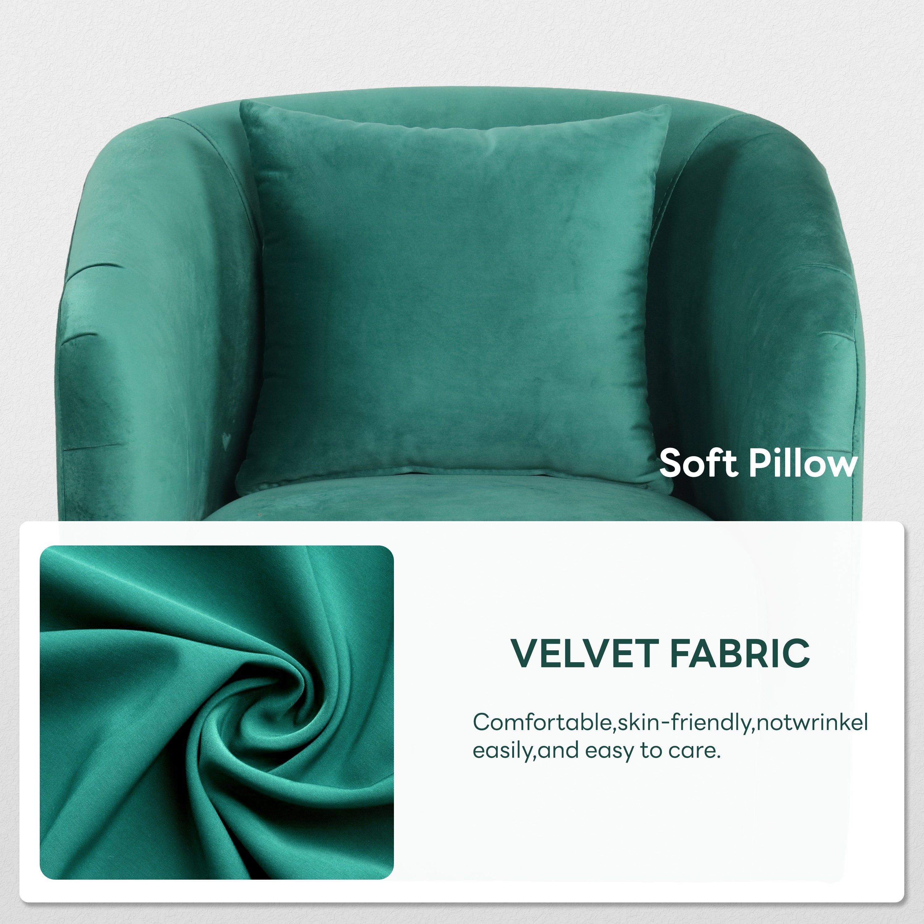 Green Velvet Barrel Chair with Pillow - Comfy Armchair with Wood Legs, Ideal for Living Room and Bedroom, Accent Chair