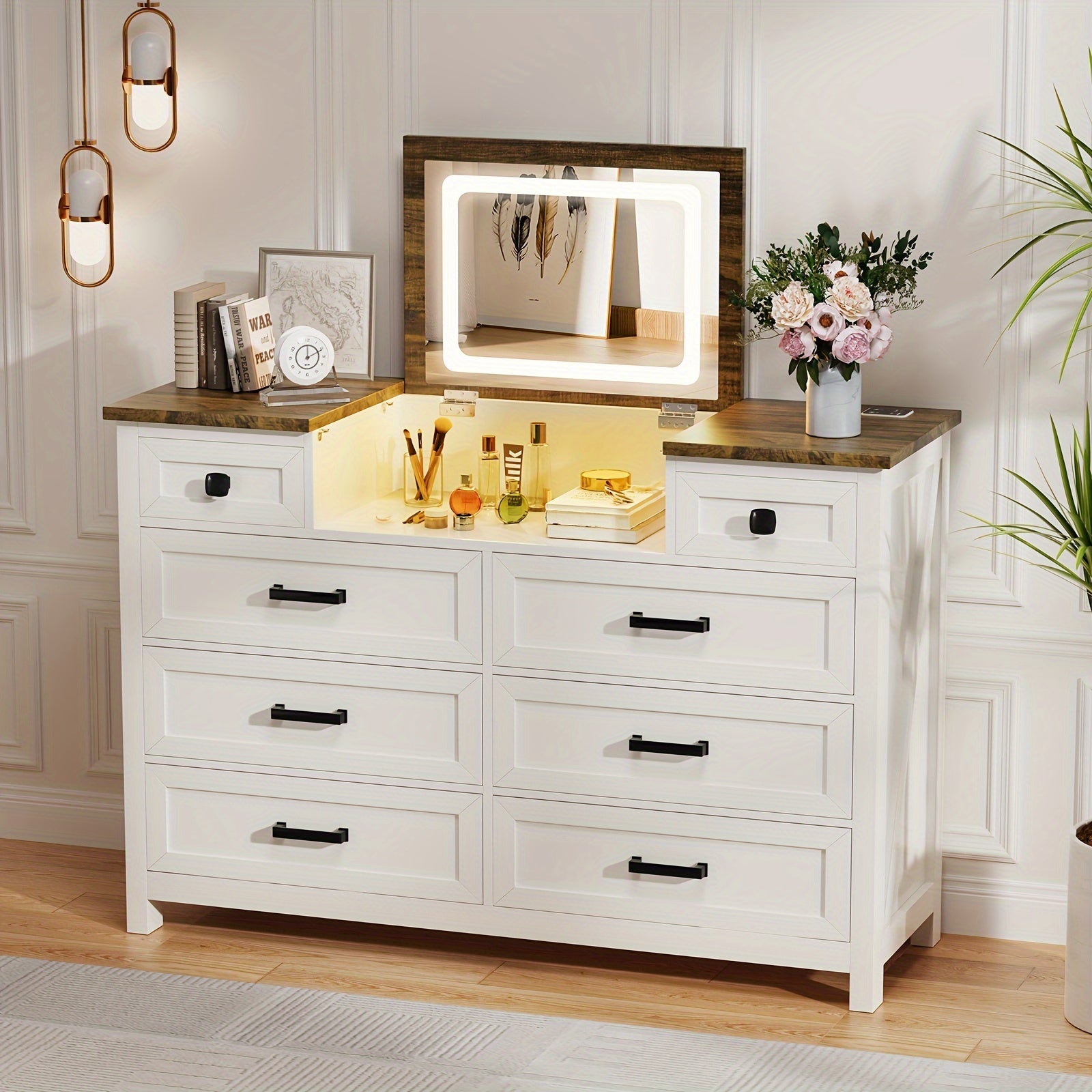 Dresser With Mirror For Bedroom 8 Drawer Dresser With Charging Station Farmhouse Chest Of Drawers For Bedroom Hallway