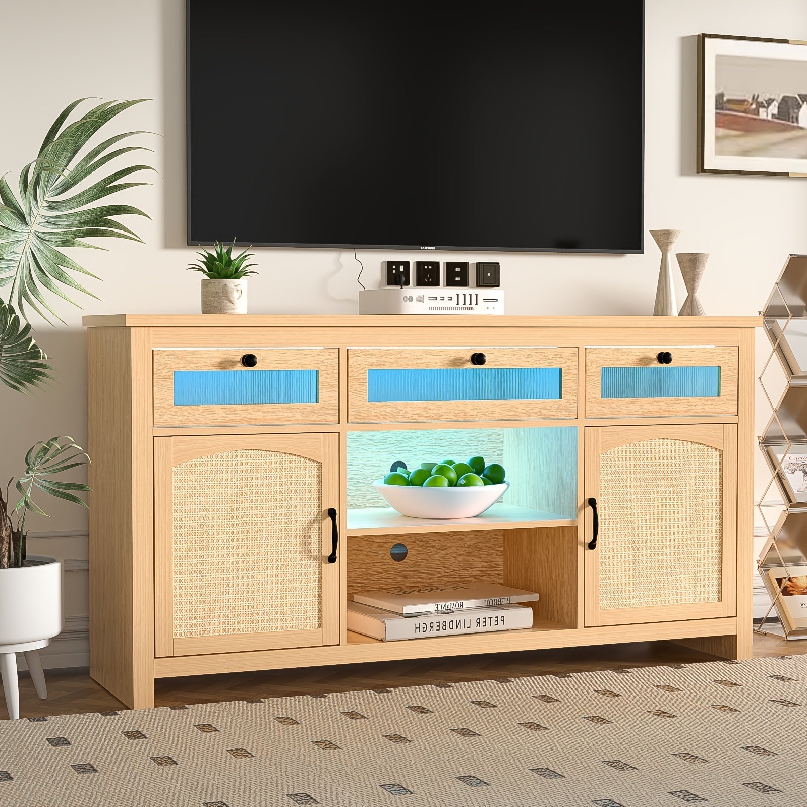 Boho-Chic 59" Rattan TV Stand with LED Backlight - Contemporary Wooden Media Console for Living Room, Bedroom | Includes Storage Cabinets & Drawers | Durable MDF Top | Versatile Use