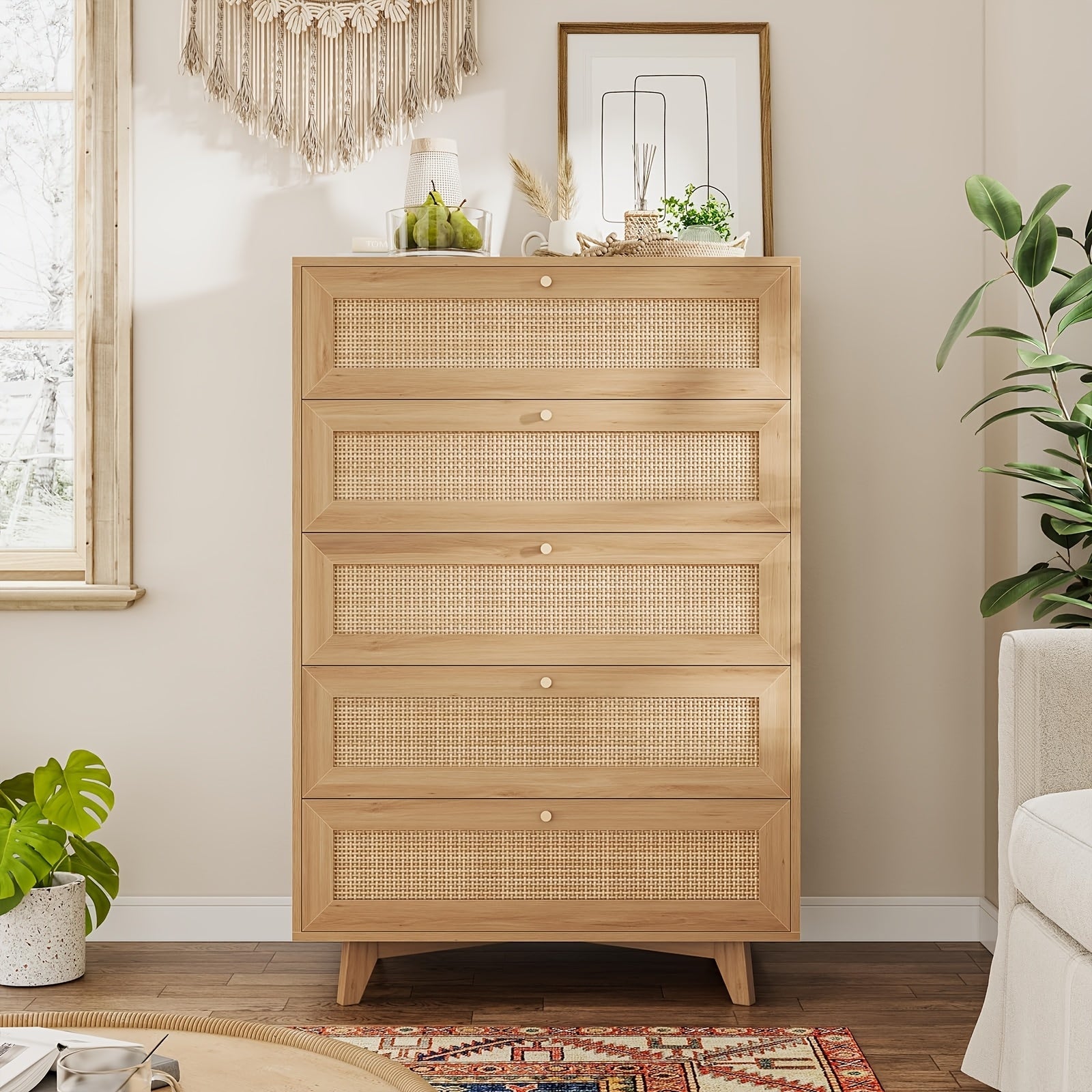 Rattan Vanity Dresser For Bedroom, 5 Drawer Dresser With Natural Rattan Drawers, Wooden Tall Dresser With Golden Handles, Modern Closet Dressers Chest Of Drawers For Nursery Entryway Living Room