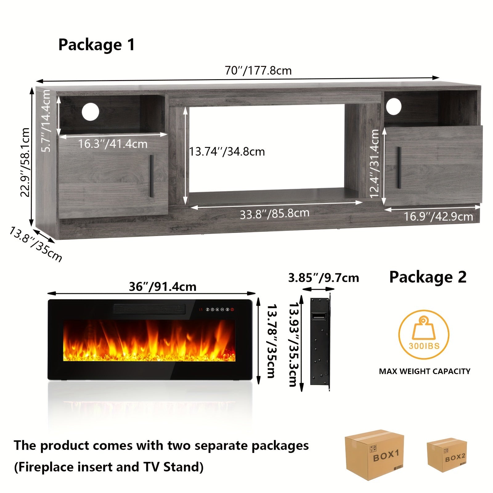 1pc Modern 178cm Wooden Fireplace TV Stand with 36’’ LED Fireplace Square Media Console for 80’’ TVs High Gloss Storage