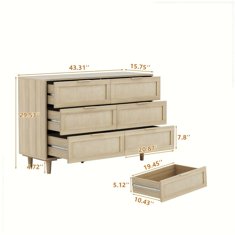 Rattan Dresser For Bedroom, 6 Drawer Wide Dresser, Boho&Farmhouse Chest Of Drawers, Clothes Storage Cabinet, Metal Handle&Wood Legs For Hallway, Living Room, Bedroom