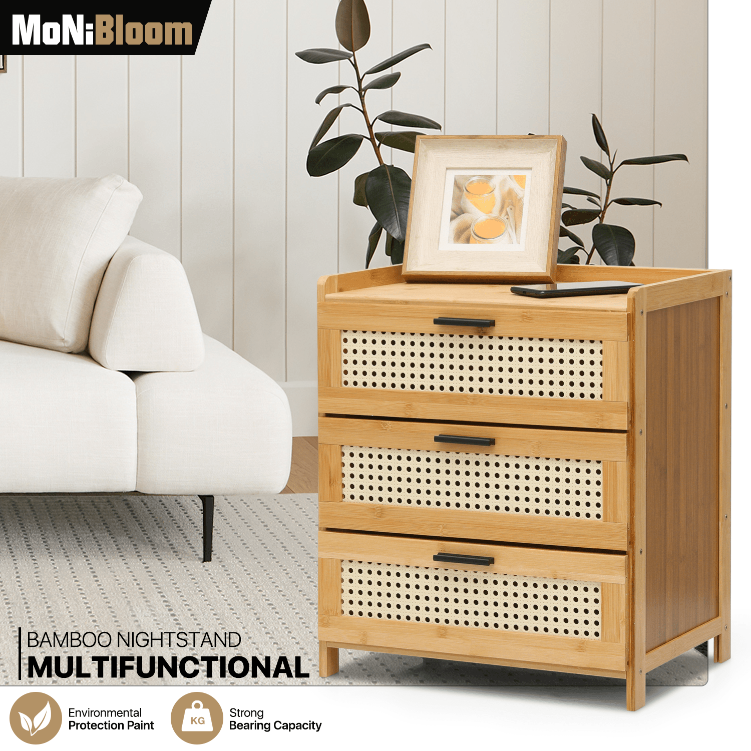 Boho Nightstand with 3 Drawers Rattan Pattern Modern End Table, 20" Bamboo Sofa Side Table Bedside Table for Small Space, Accent Side Table Chest of Drawers for Bedroom Living Room, Natural