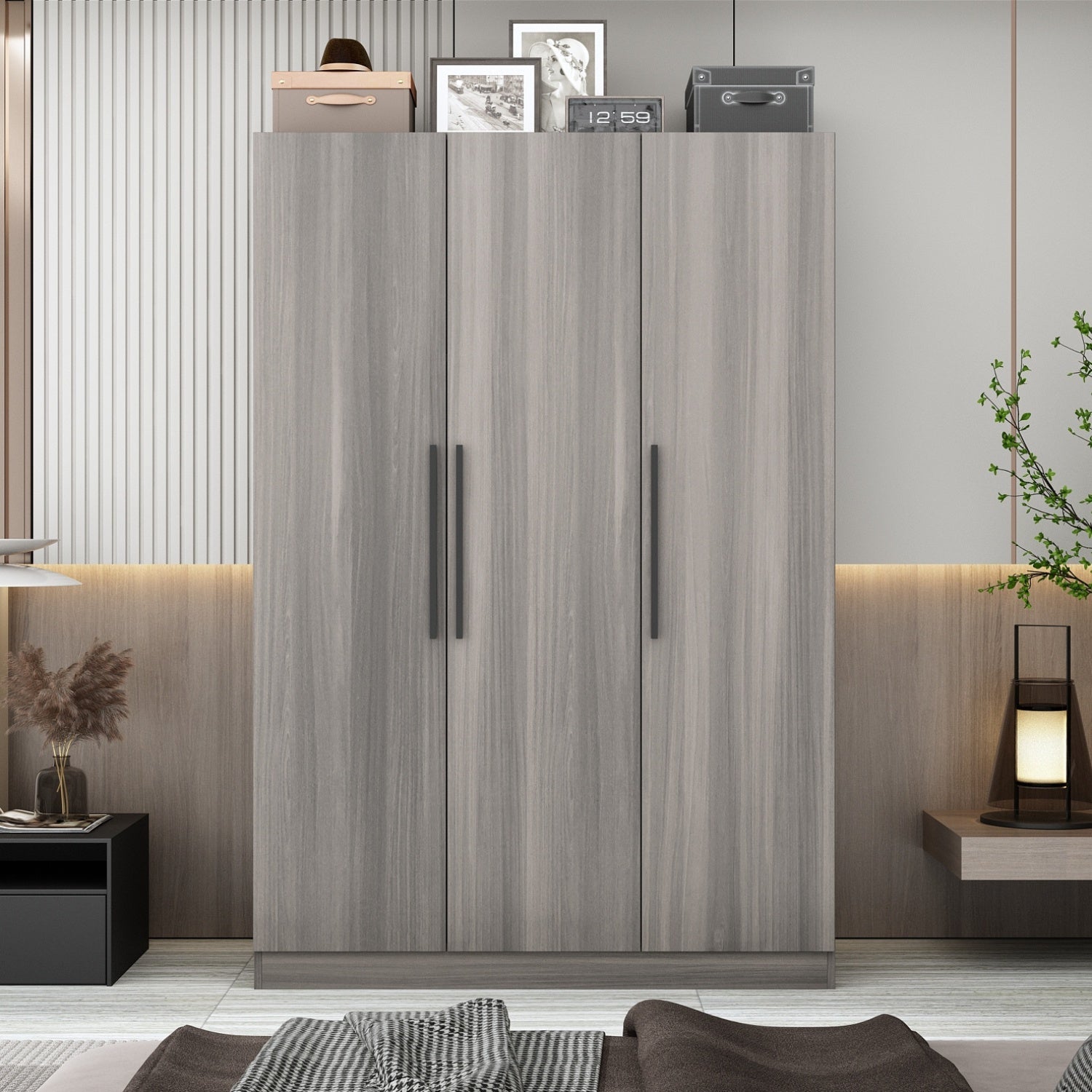 Solid Wood Handle Armoire Closet For Clothes Storage, Featuring 3 Doors, Storage Shelves & Hanging Rod, Large Storage Capacity, Grey Brown And White Styles