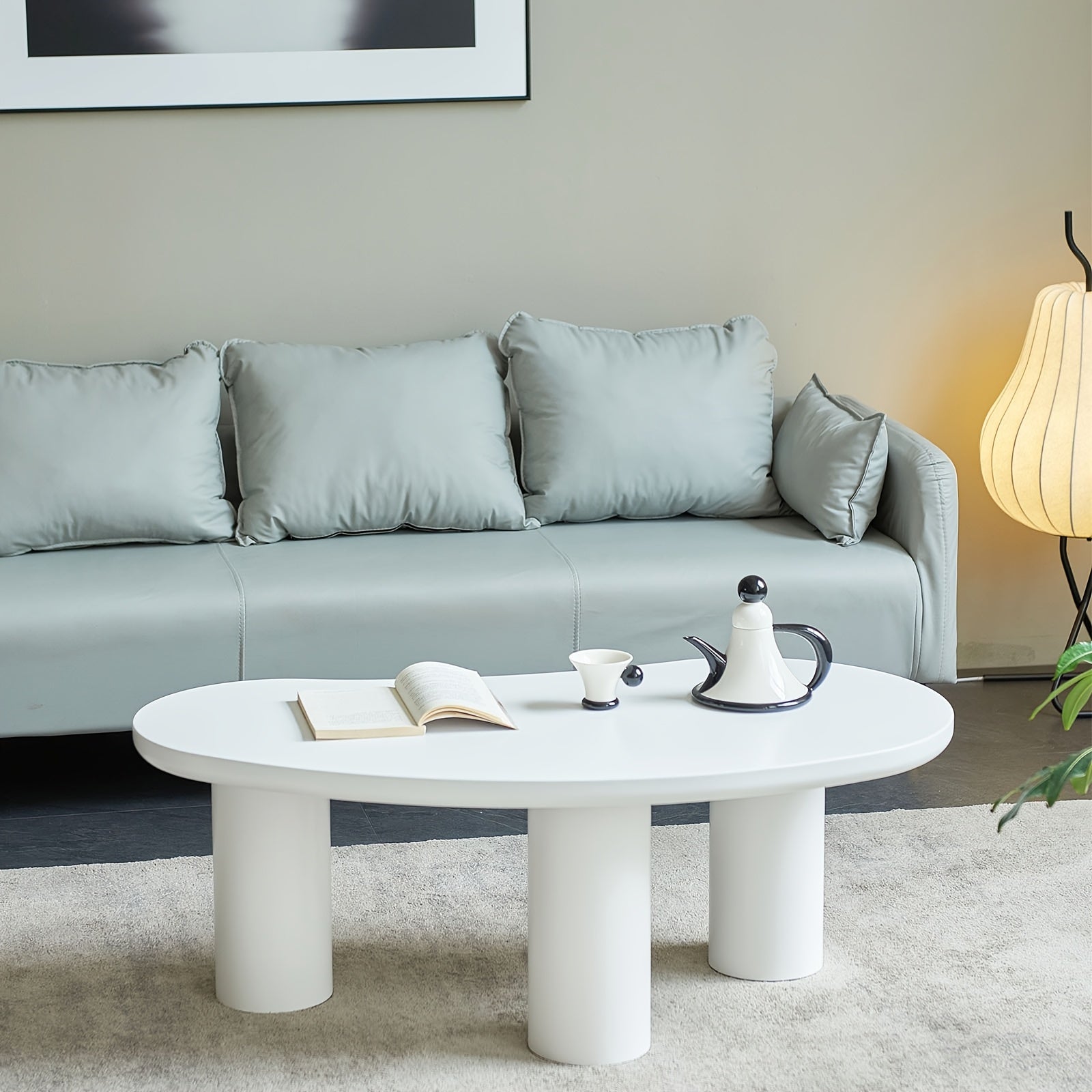 Chic White Cloud-Shaped Coffee Table with 3 Legs - Unique Oval Design, High-Gloss Finish, Youngsters-Friendly Corners - Perfect for Living Room