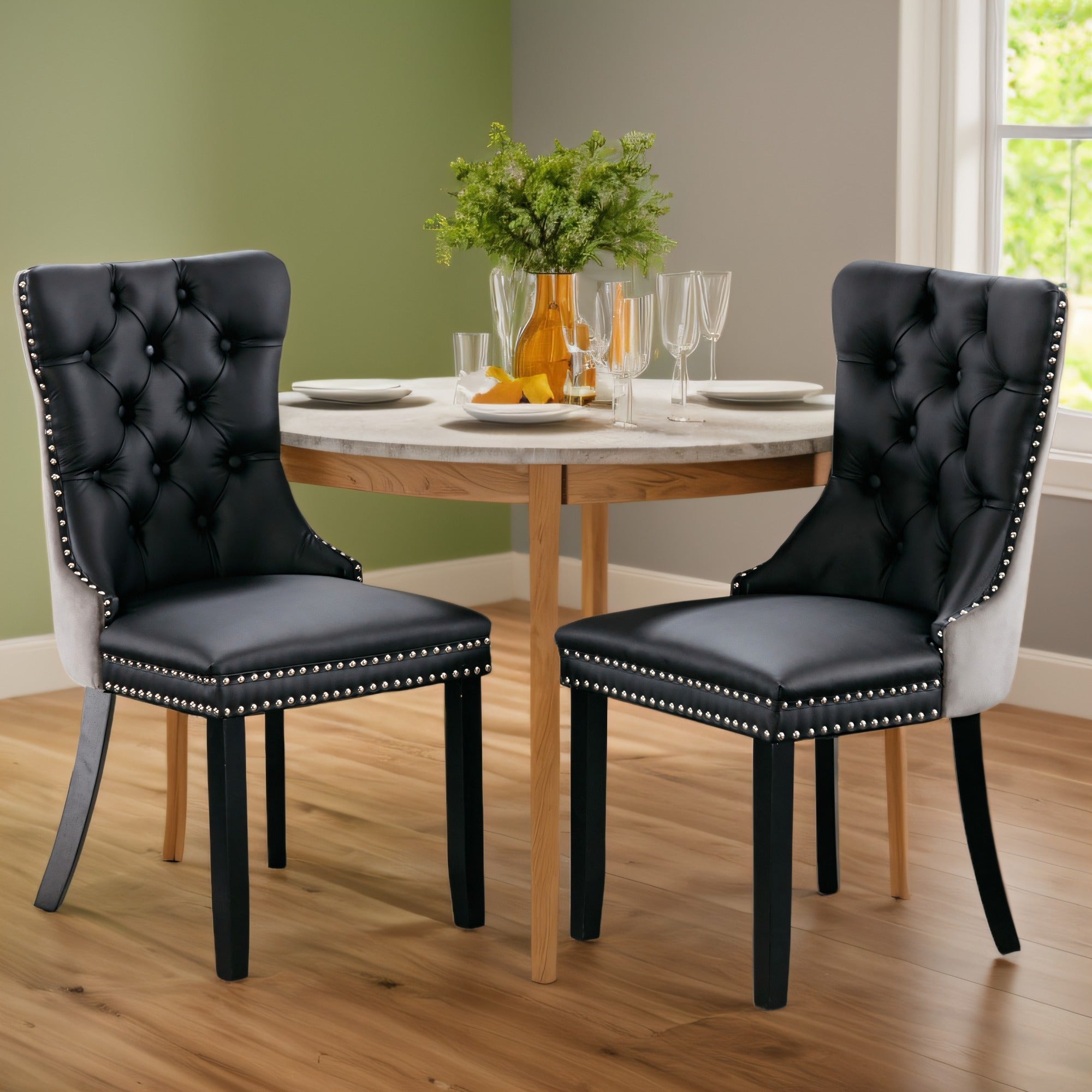 Modern Faux Leather Upholstered Dining Chair 2-Pcs Set, High-end Tufted Solid Wood PU and Velvet Upholstered Dining Chair, Chrome Nailhead Trim, Casual Style, for Kitchen, Dining Room, Living Room (White+Black/ Black+Orange/