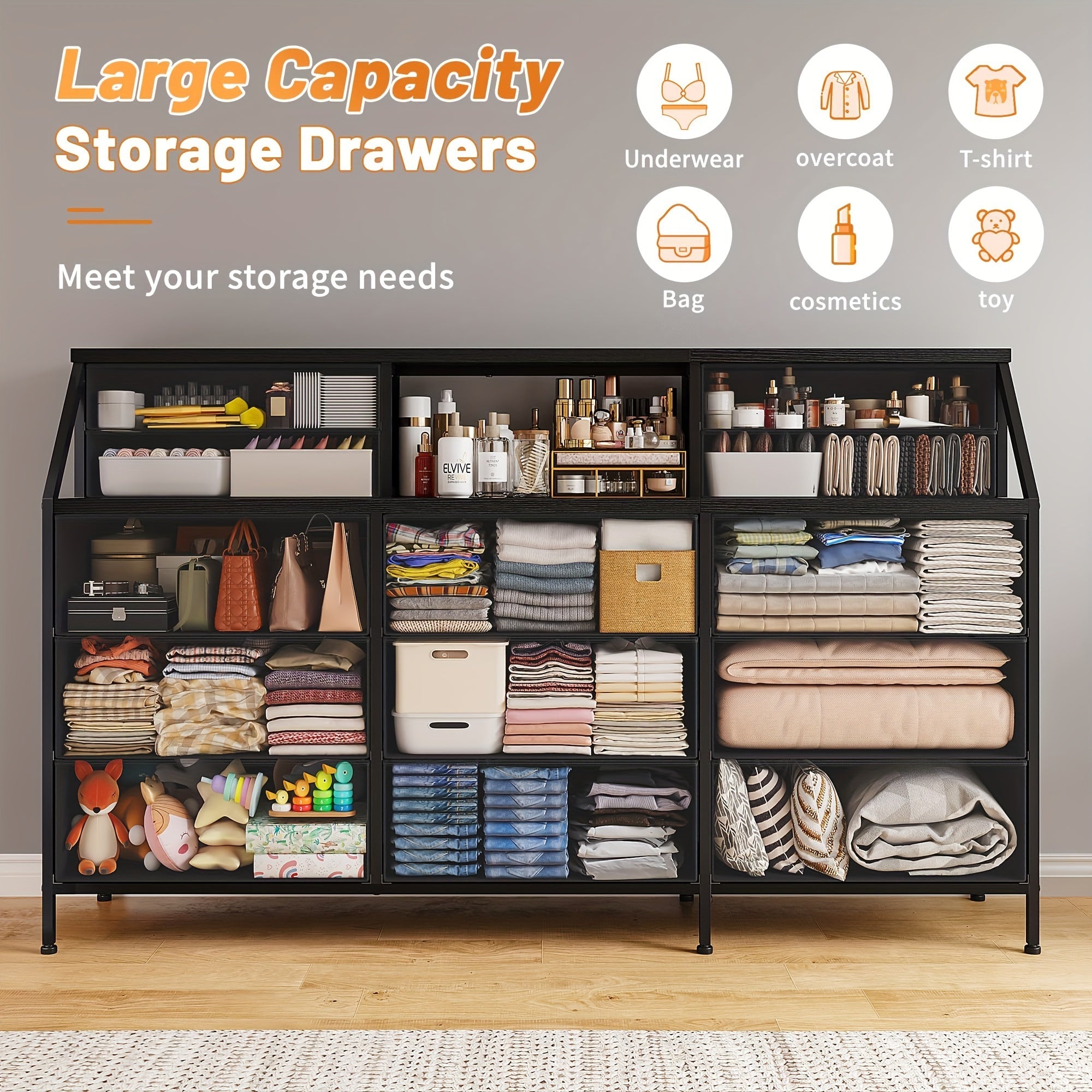 55"W Dresser, Dresser For Bedroom, Dresser With 13 Large Drawer, Dressers & Chests Of Drawers, Dresser For Bedroom, Long Dresser For Closet With 2 Shelves