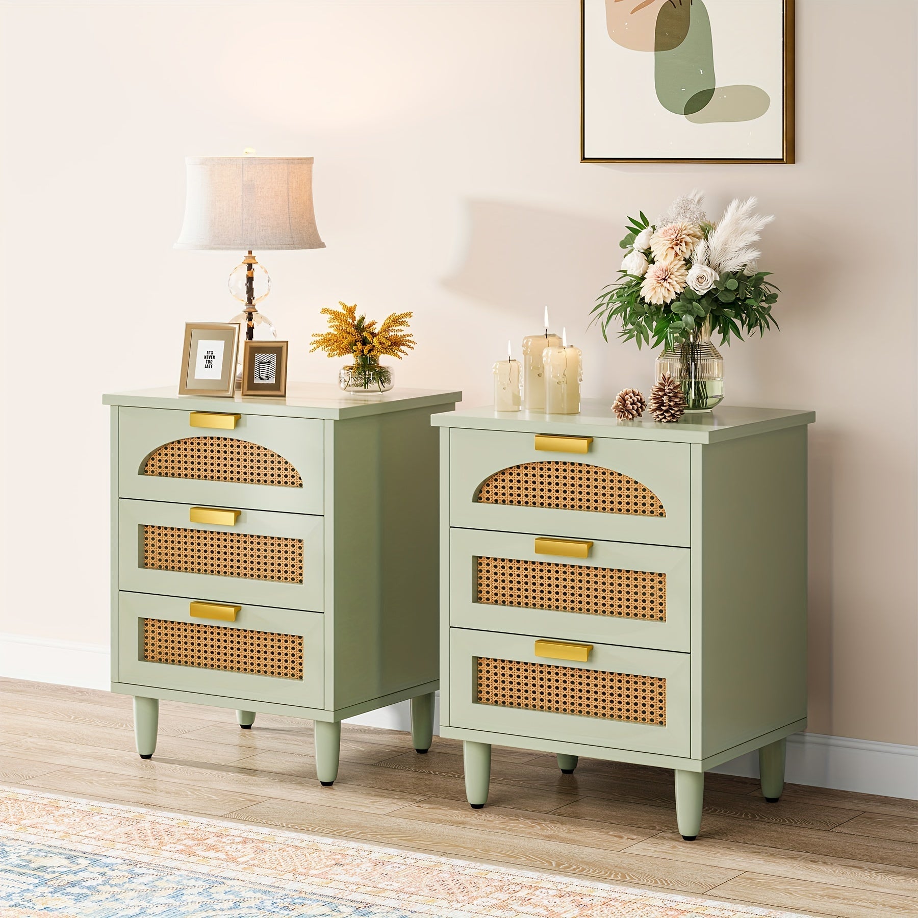 Charming Mint Green 3-Drawer Rattan Nightstand - Farmhouse Style Side Table with Ventilated Drawers, Durable Construction, Ideal for Bedroom & Living Room, Easy Assembly