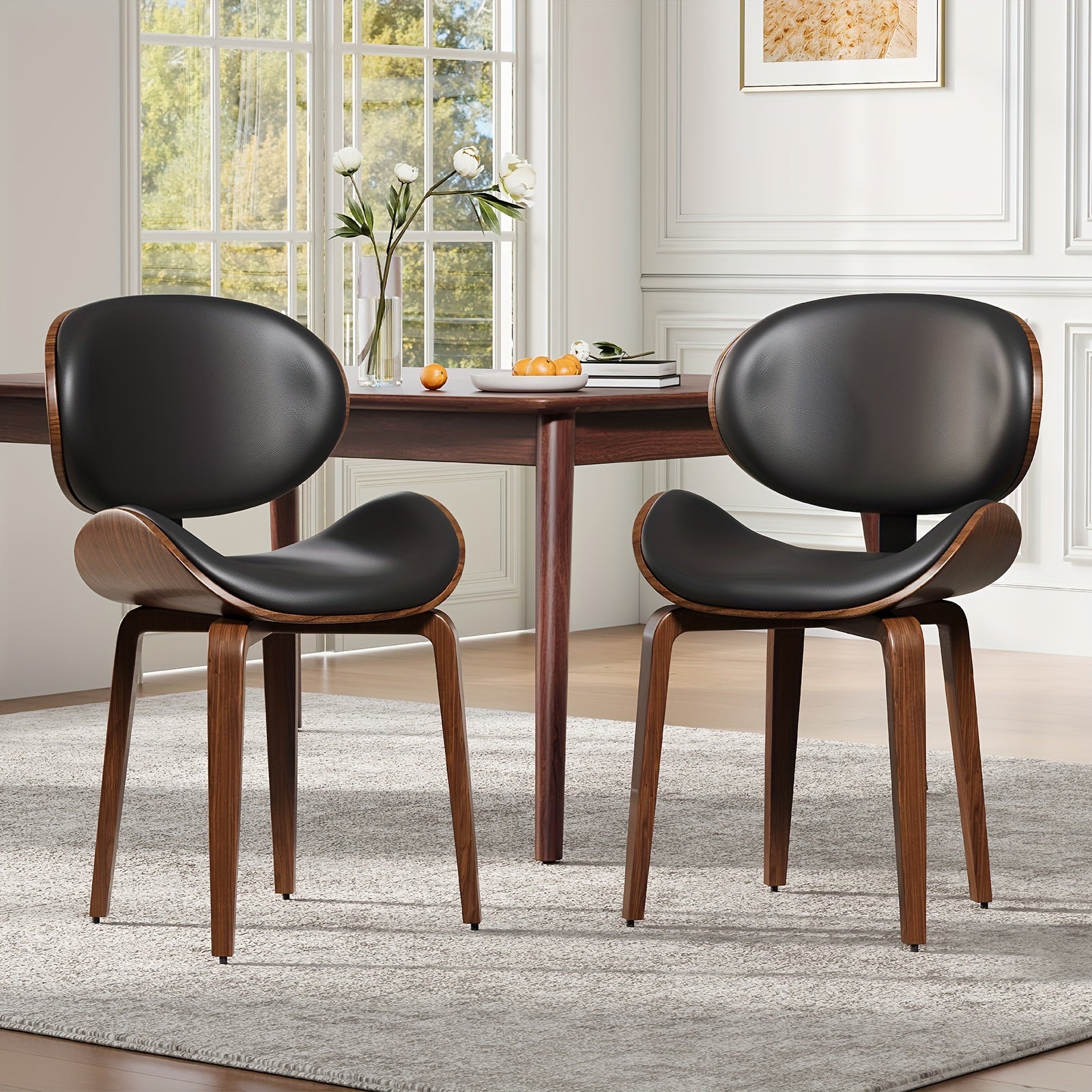 Set Of 4 Mid-Century Modern Dining Chairs Faux Leather Seats With Walnut Bentwood Backs And Adjustable Solid Wood Legs