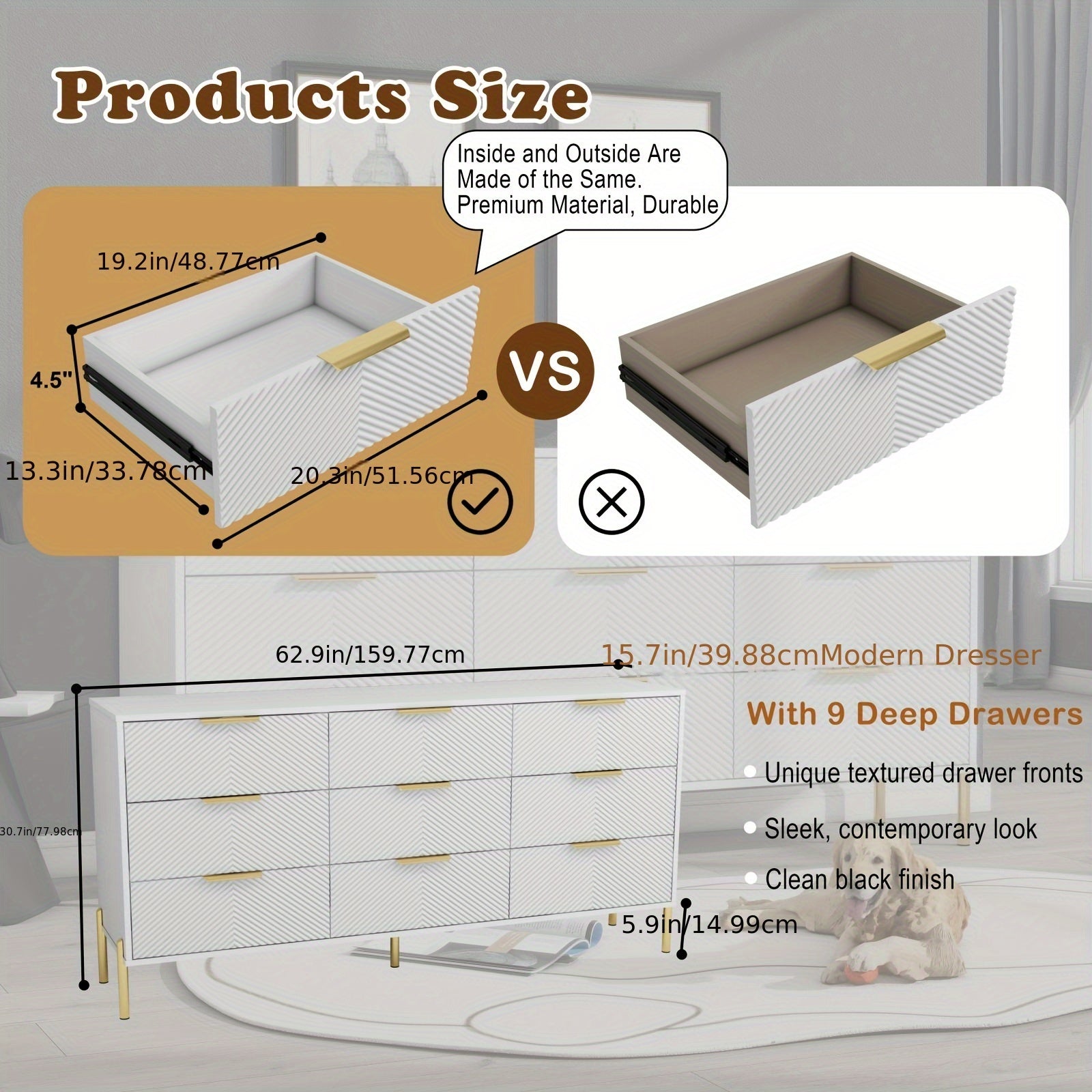Modern White and Golden Bedroom Dresser with 9 Drawers Metal Feet and Golden Pulls - Hardwood Fiberboard Storage
