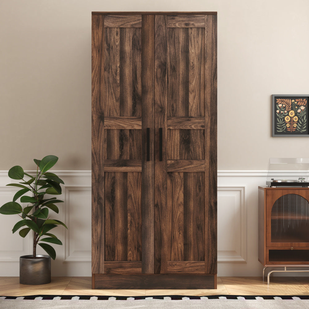 Vintage Hardwood Armoire Wardrobe with USB-Powered LED Illumination, MDF Fiberboard Construction, Floor Mounted, Brown - Spacious Bedroom Storage Closet with 4 Shelves and Sturdy Design