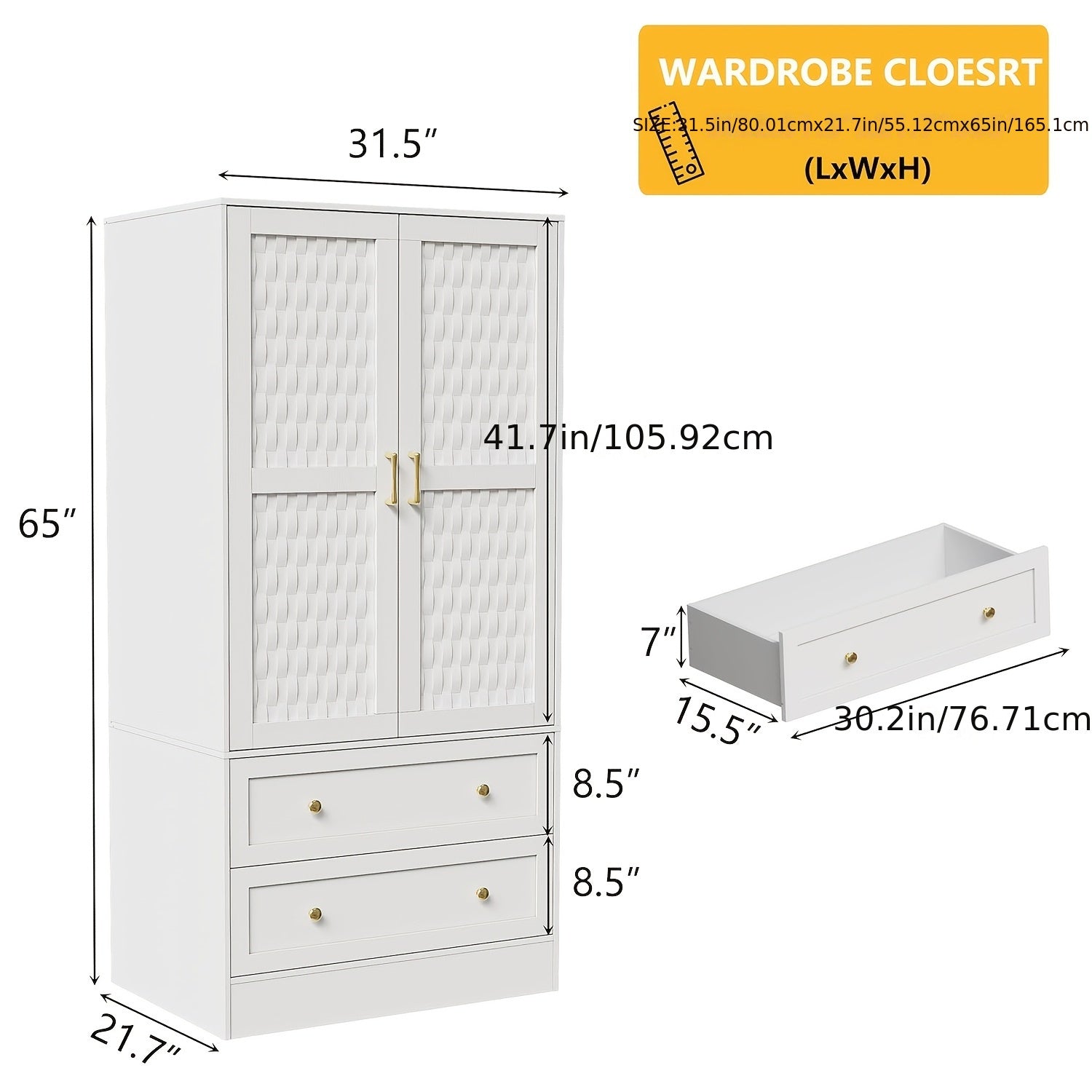 Wardrobe with 2 Doors, 2 Drawers and Hanging Rod, Design Style Woven Door, Bedroom Wooden Clothes Storage Cabinet