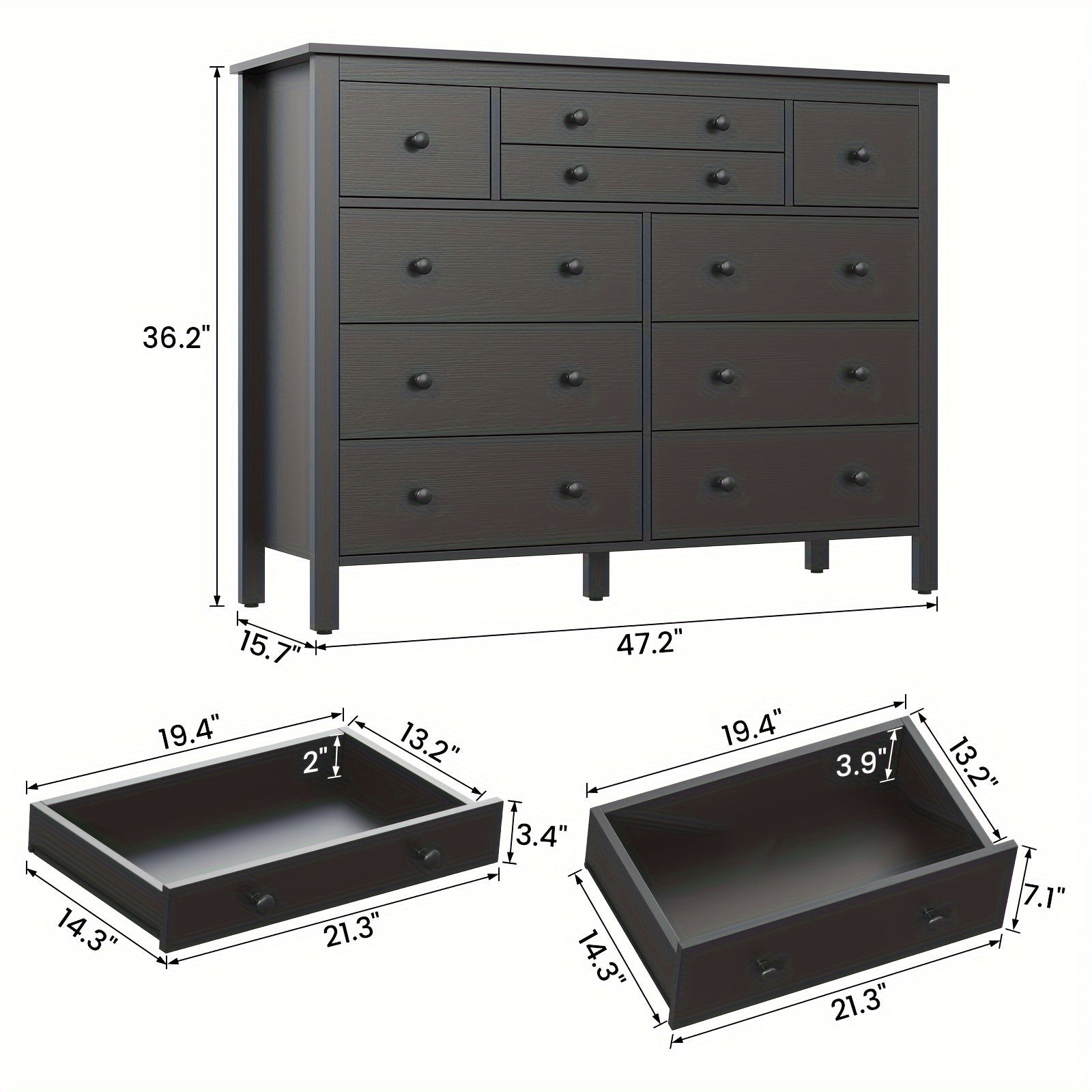 10 Drawer Large Black Dresser For Bedroom, 47.2" Long Chest Of Drawers With Deep Drawers, Modern Wooden Storage Dresser For Closet, 36.2" Tall Dresser TV Stand For Living Room, Hallway, Entryway