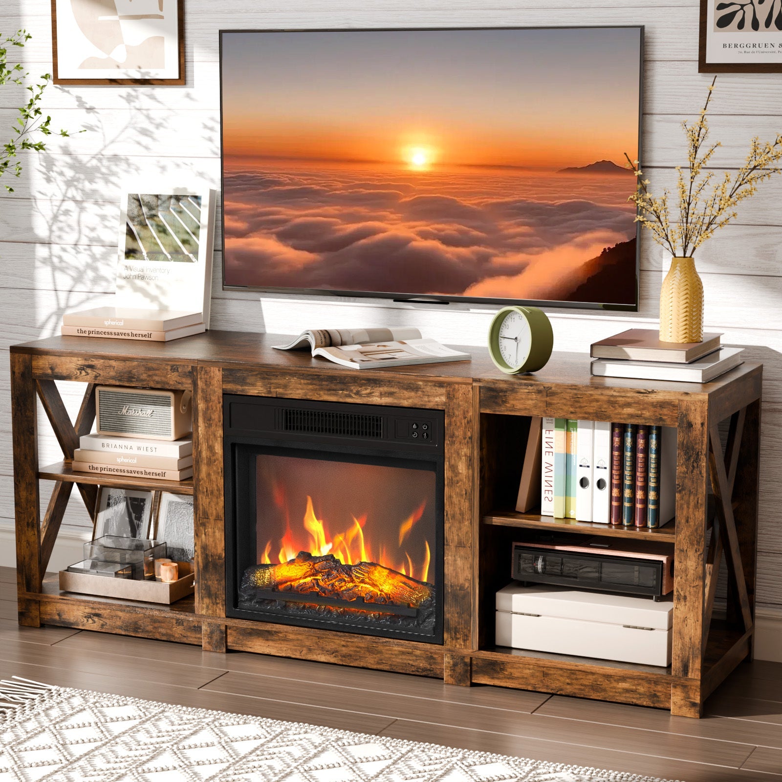 70" LED TV & Fireplace Entertainment Center with Glass Door Storage - Modern Rustic Console Table, Sturdy Construction, Easy Assembly, Perfect for Cozy Living Spaces, Tv Console for Living Room