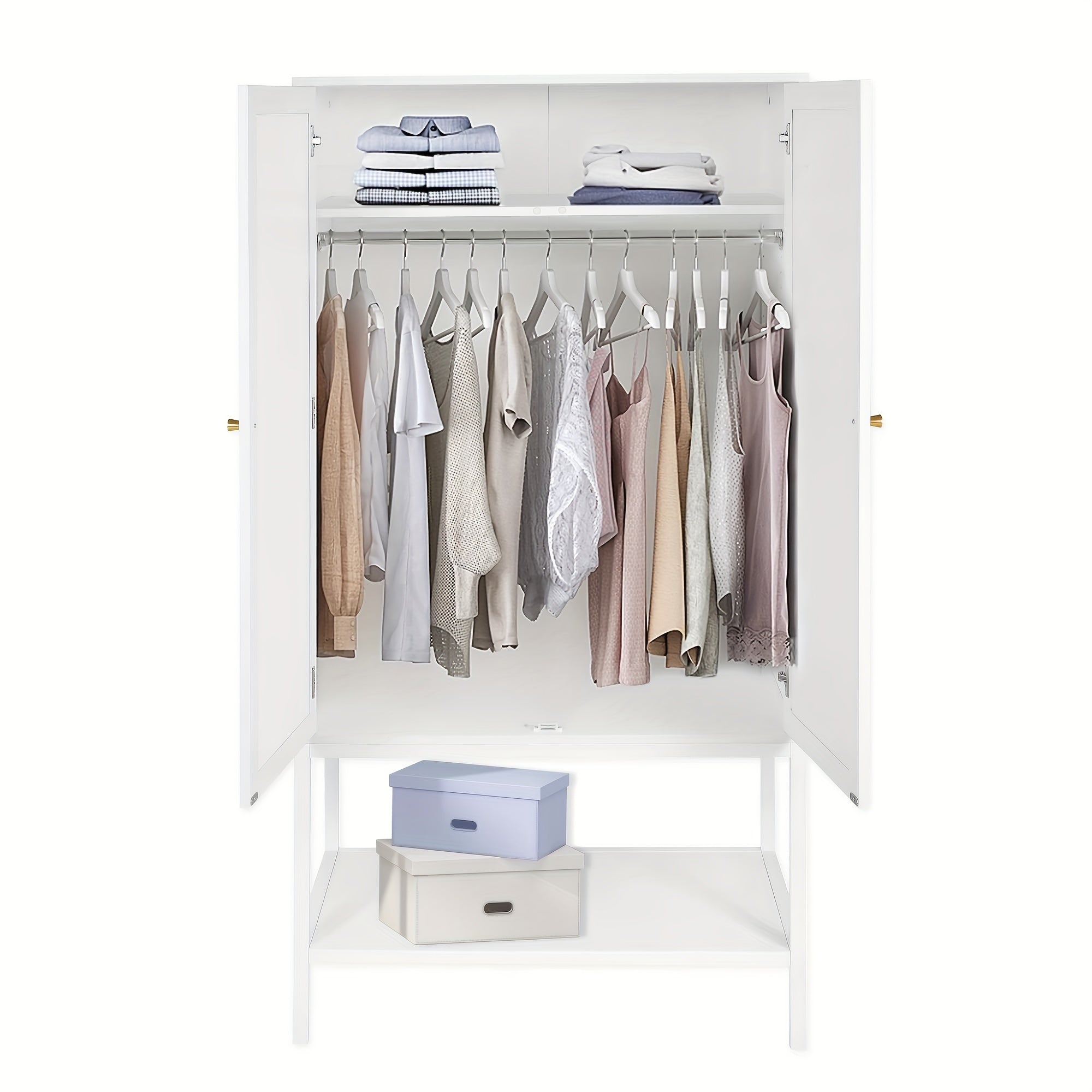 Wardrobe Closet with 2 Doors, Rattan Wardrobe Cabinet with Shelves And Hanging Rail for Clothes, Bedroom Independent Wardrobe Closet, Easy-to-assemble (White)