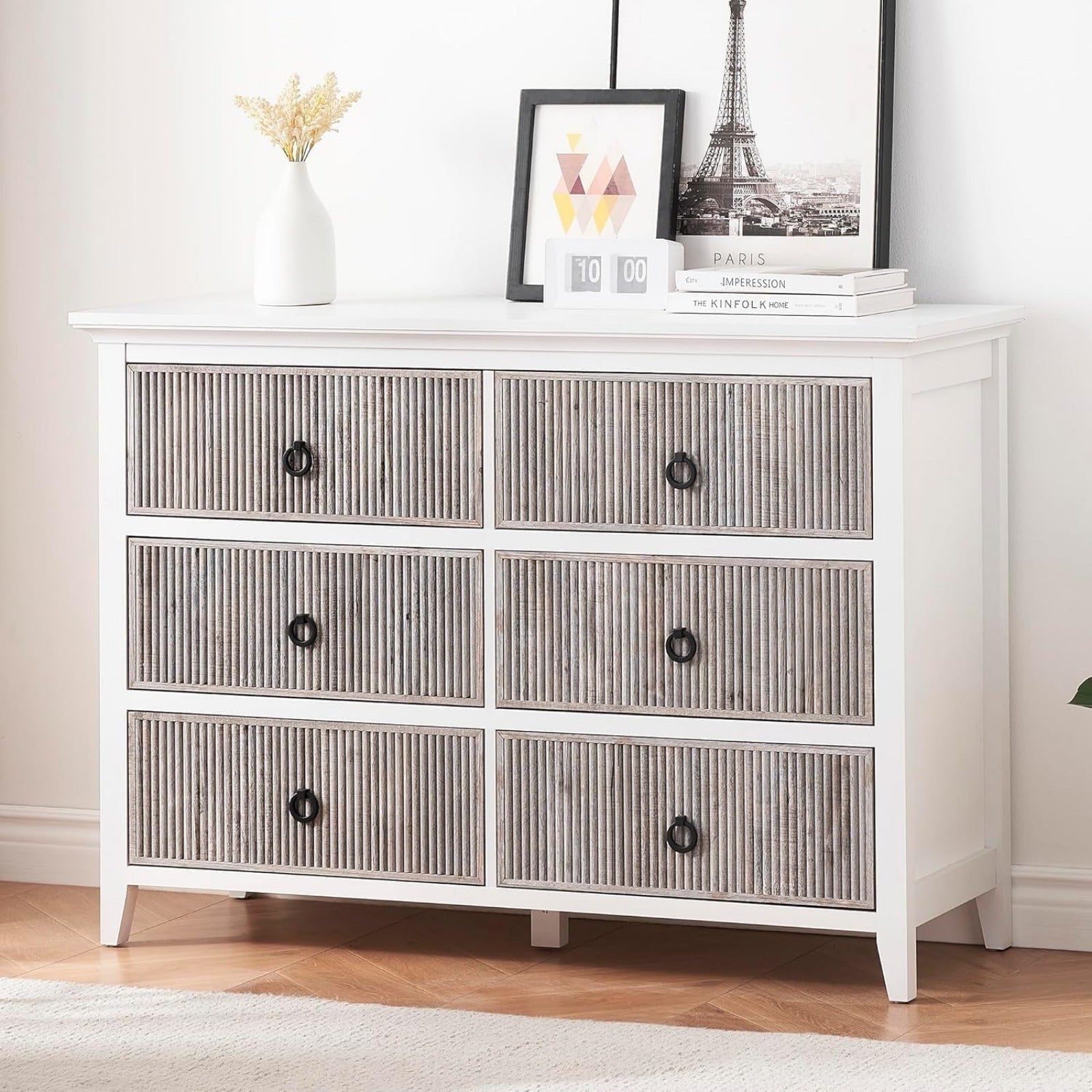 6 Drawer Dresser, 47.2" Wide Modern Chest of Drawers Bedroom and Living Room Cabinet Organizer Storage, Fluted Design Dresser Tv Stand, Closet, White Grey