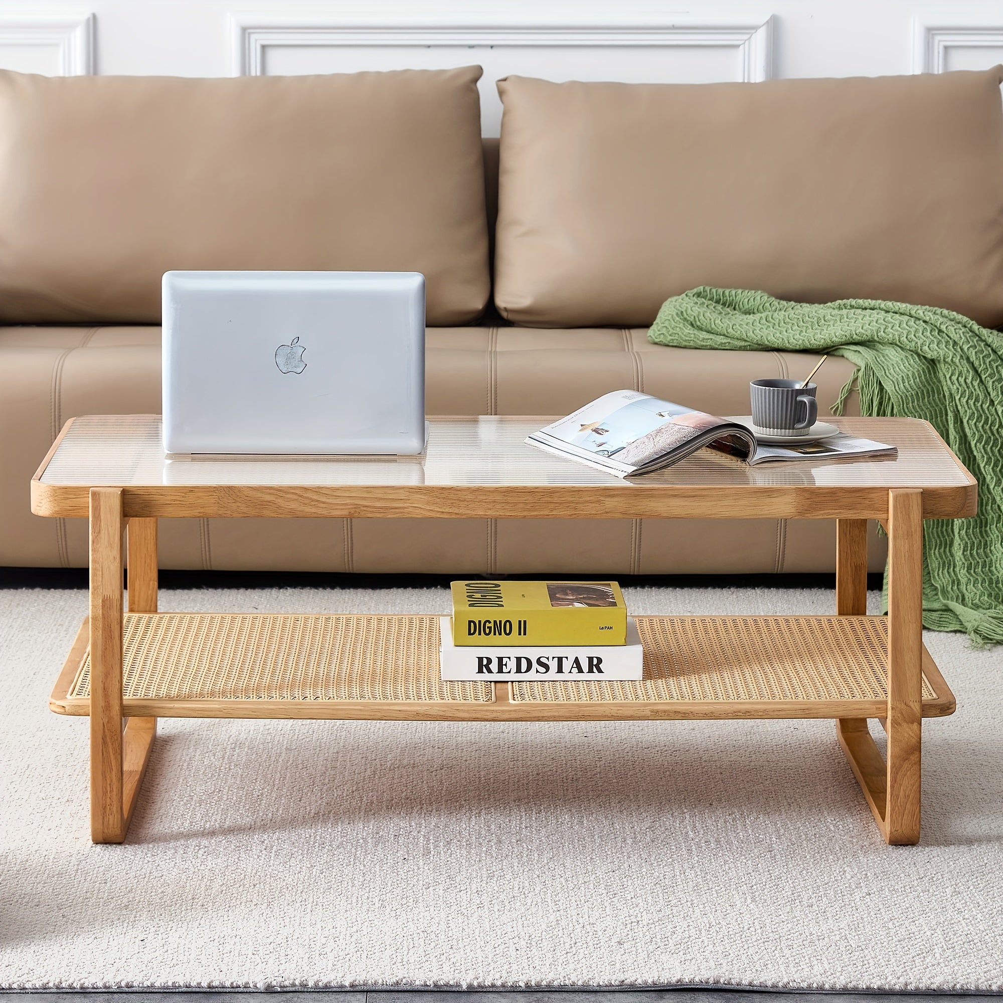 Mid Century Modern Coffee Table With Ribbed Glass Top And PE Rattan Storage Shelf, 45 Inch Rectangular Solid Wood Boho Coffe Table, Unique Center Table For Livinig Room Apartment Small Space