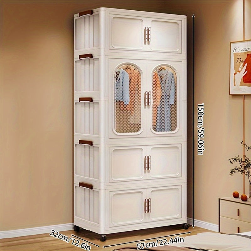 Multifunctional Wardrobe Organizer, Easy to Assemble, Plastic Storage Bins with Lids, Closet Organizers And Storage Cabinets, Foldable Clothes Storage Cabinets, Front Double Doors Or Top Lid Opens, Magnetic Lock Design, Cream