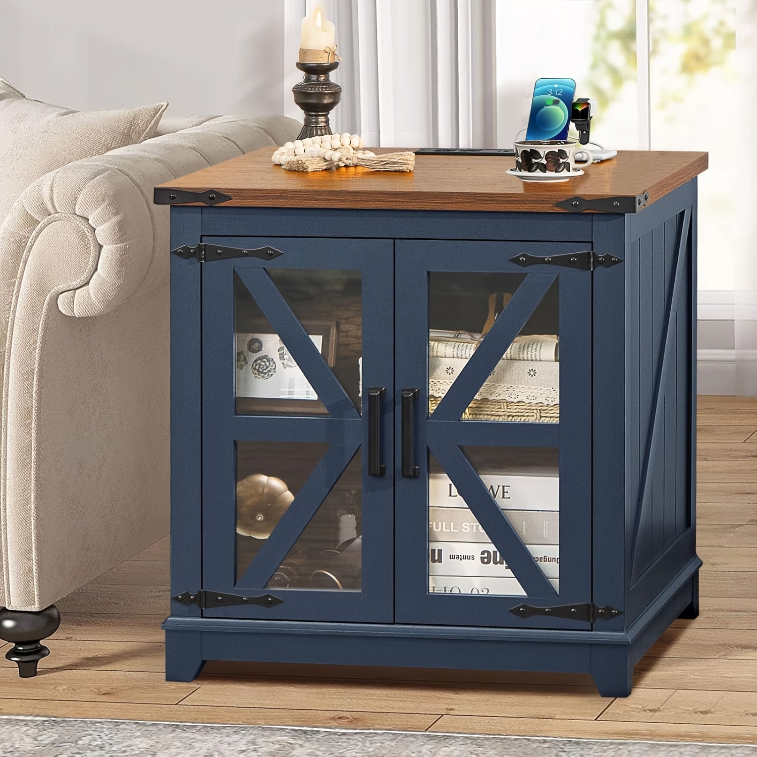 Farmhouse End Table, 24" Large Sofa Side Table With Charging Station Glass Barn Door, Wood Nightstand With Adjustable Storage Shelf, Square Bedside Table For Living Room, Bedroom, Office-Blue