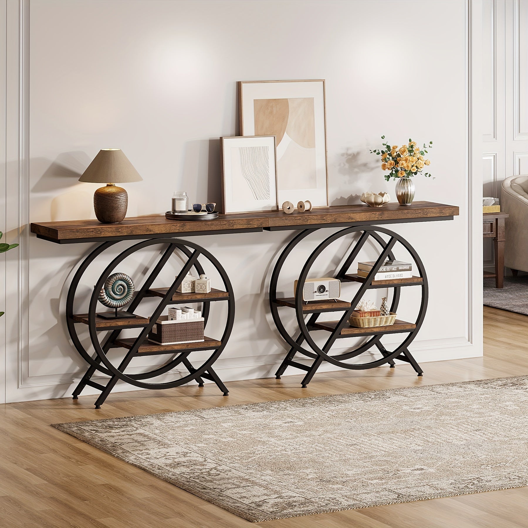 39.4-Inch Console Table With Thickened Tabletop, 4-Tier Industrial Narrow Sofa Table With Geometric Metal Frame For Living Room, Entryway, Hallway