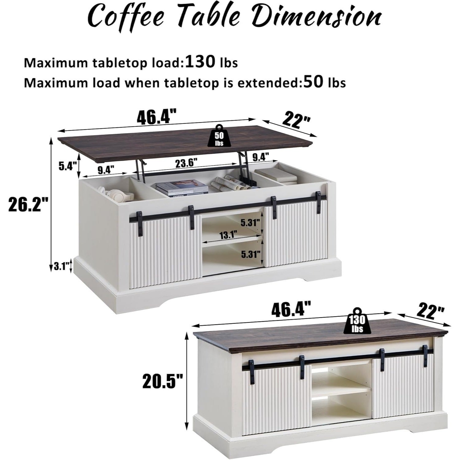 120cm Fluted Lift Top Coffee Table with Sliding Door Modern Center Table w/Adjustable Storage Shelf & Hidden