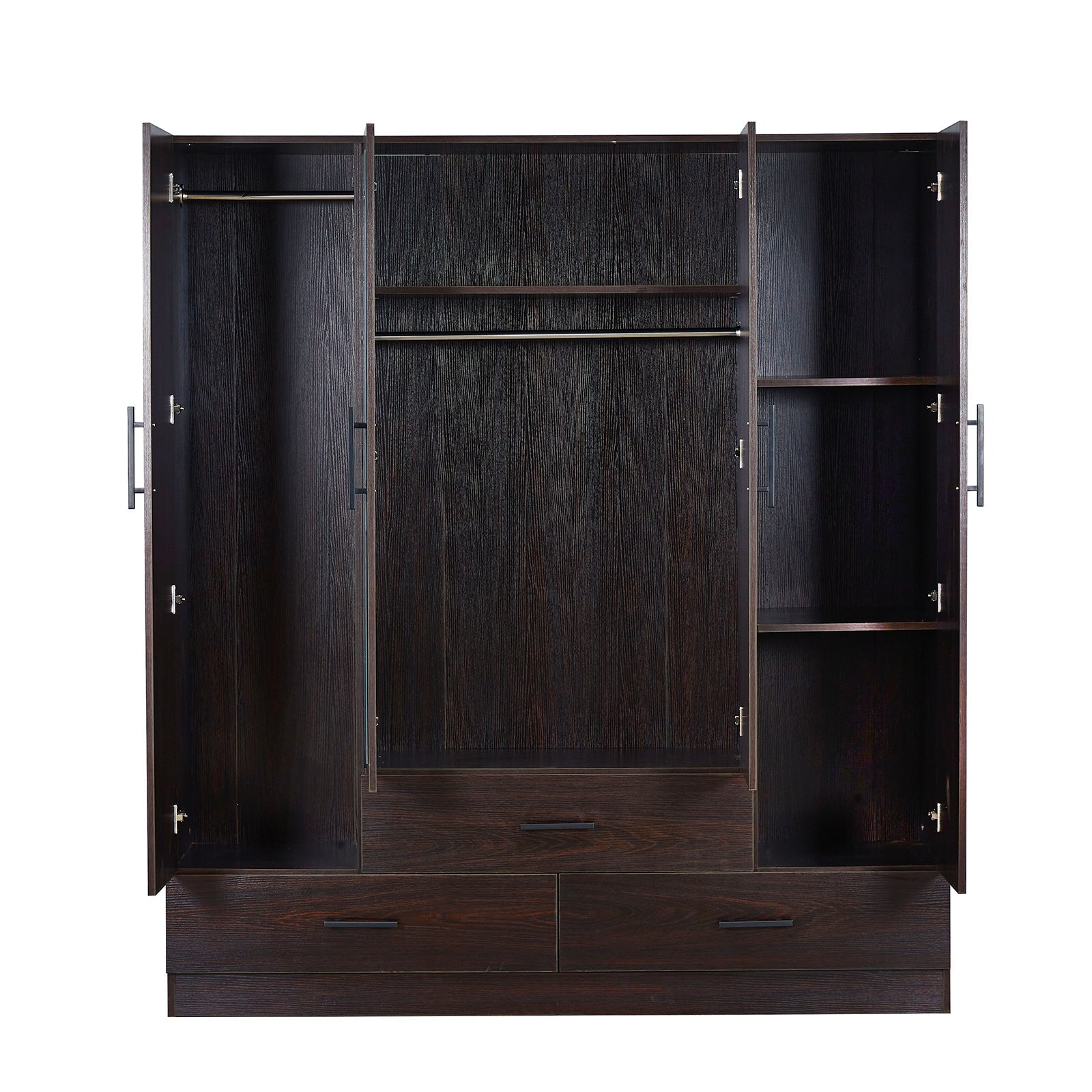 4-Doors Walnut Freestanding Wardrobe Armoire Closet, Modern Bedroom Organizer Storage Cabinet with Hanging Rod Shelves Drawers for Clothes