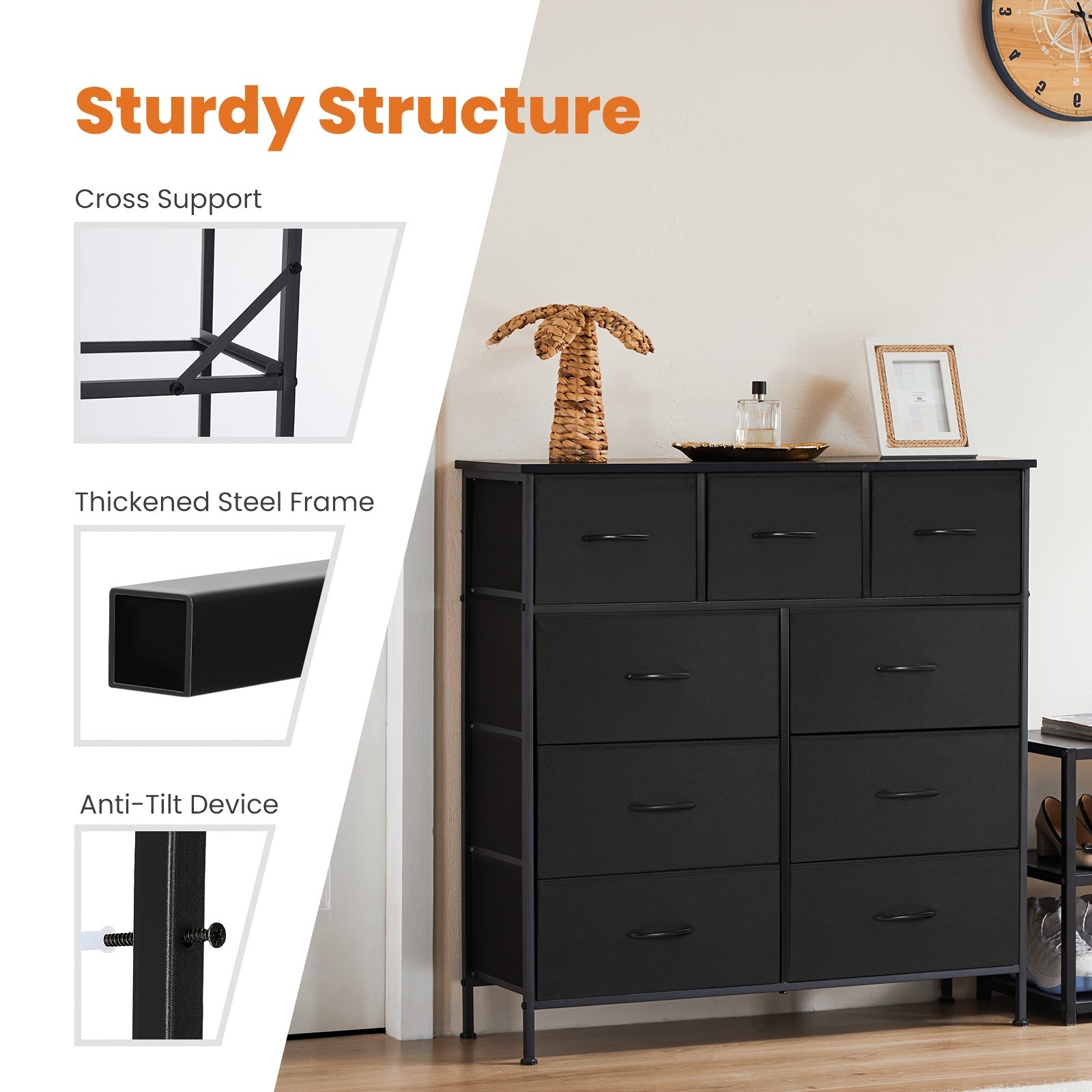 Dresser for Bedroom 9 Storage Drawers Tall Fabric Closet Chests Organizer Tower Furniture with Wooden Top Metal Frame
