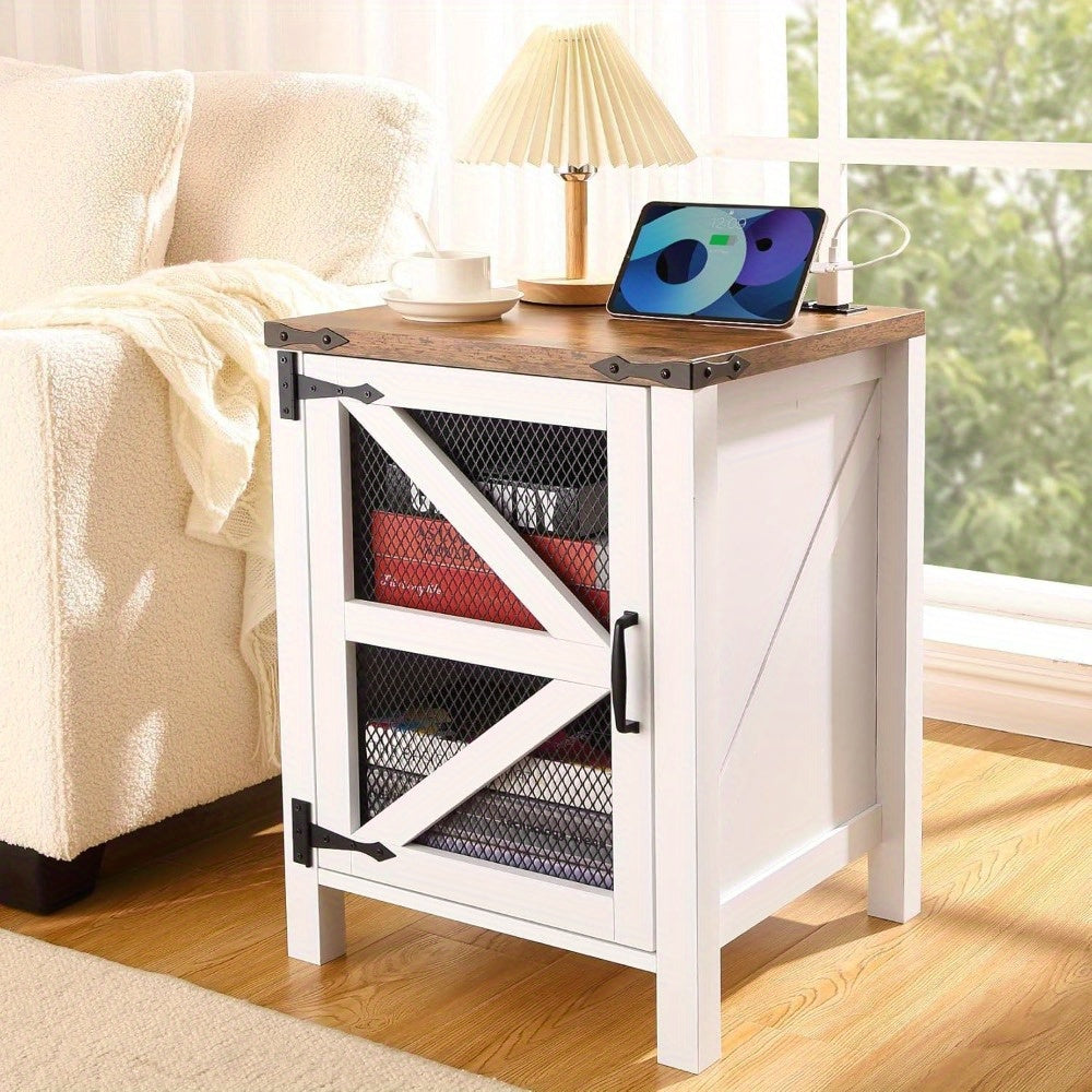 Chic 18" Rustic Farmhouse Nightstand with Charging Station - Adjustable Shelves, Black Mesh Barn Doors & USB Ports, White Engineered Wood, Ideal for Bedroom & Living Room, Living Room Furniture|Retro Industrial Look|Open Shel