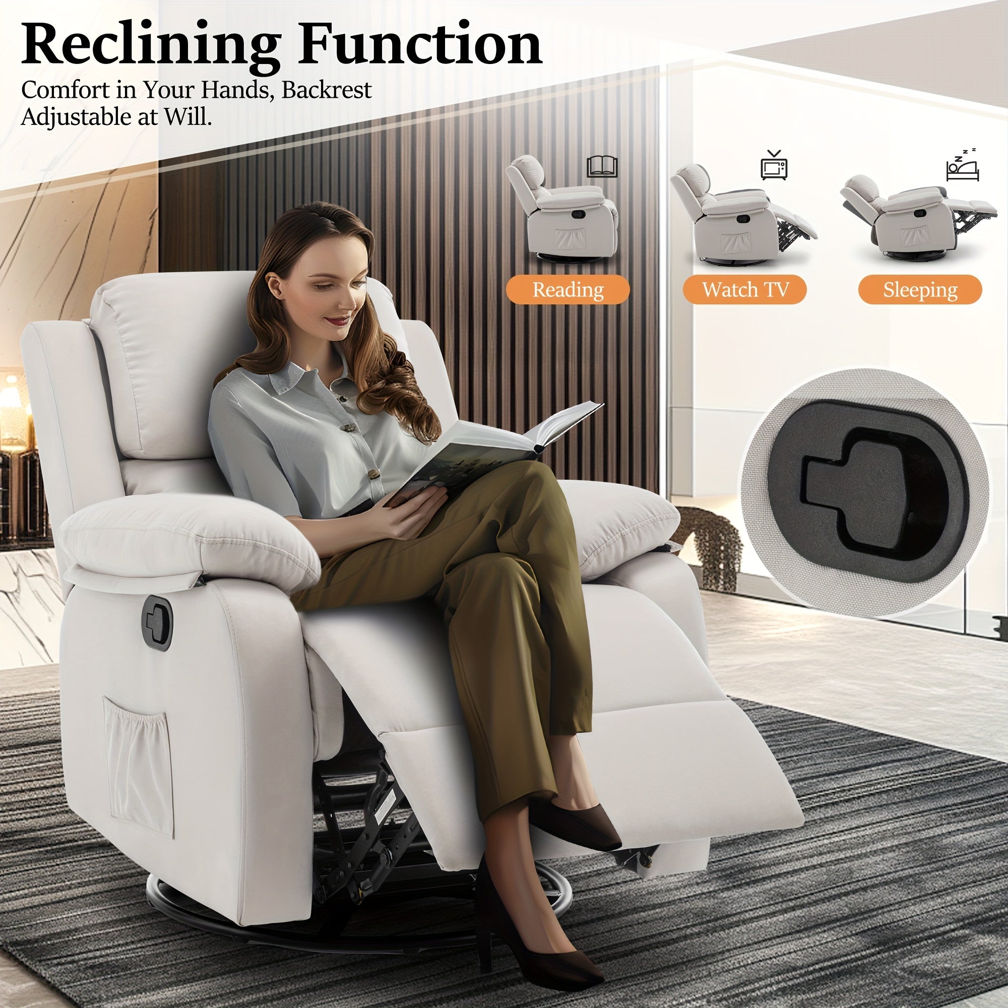 Recliner Chair, 360° Rocking Chair, Small Rocking Recliner Chair For Small Spaces, Upholstered Fabric Chair With Side Pocket