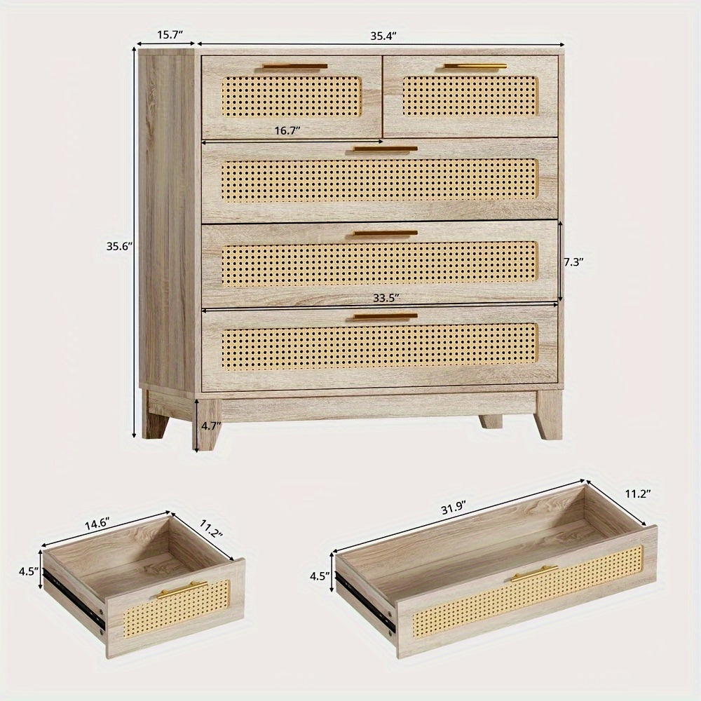 5 Drawer Chest Dresser Rattan 5 Chest Of Drawers For Bedroom Wood Storage Cabinet With Metal Handles For Living Room