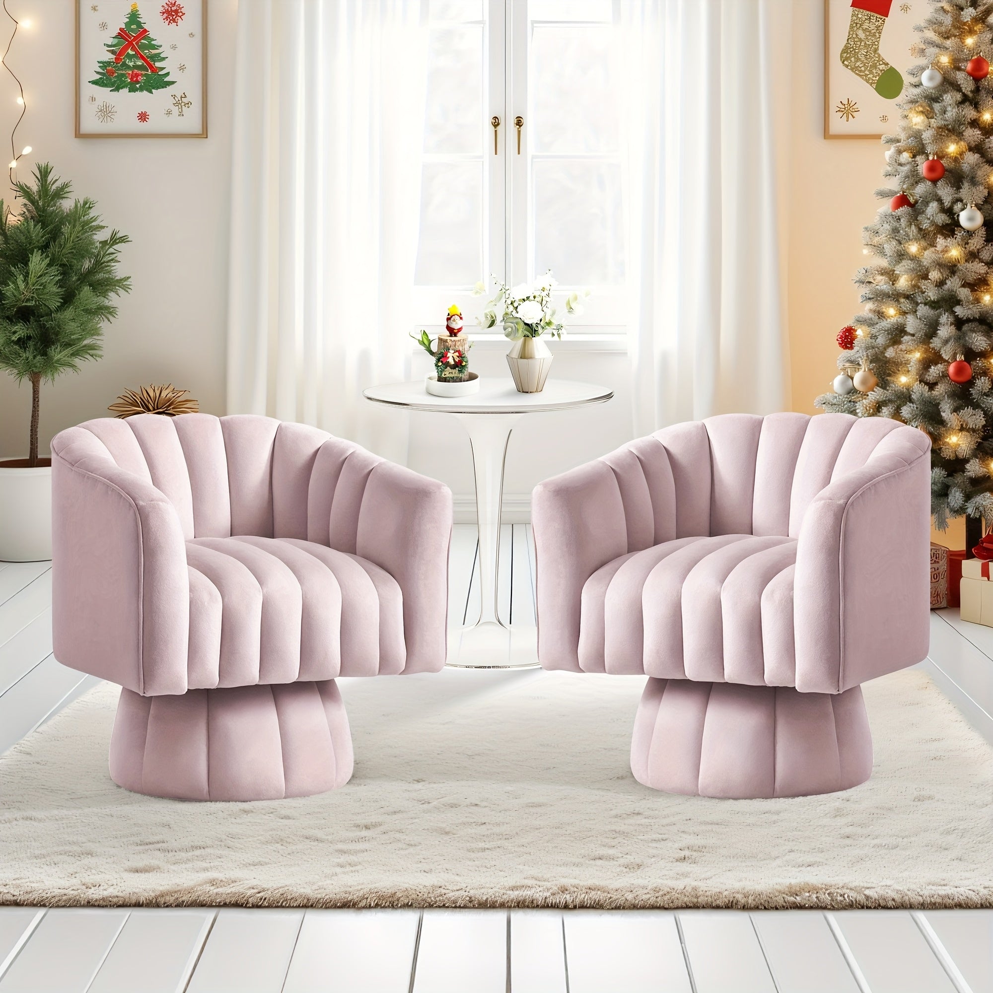 Elegant Pink Velvet 360° Swivel Armchair - Mid-Century Design with Pillowized Seat Cushion, Thickened Comfort Upholstery, Ideal for Modern Living Spaces, Comfy Chair