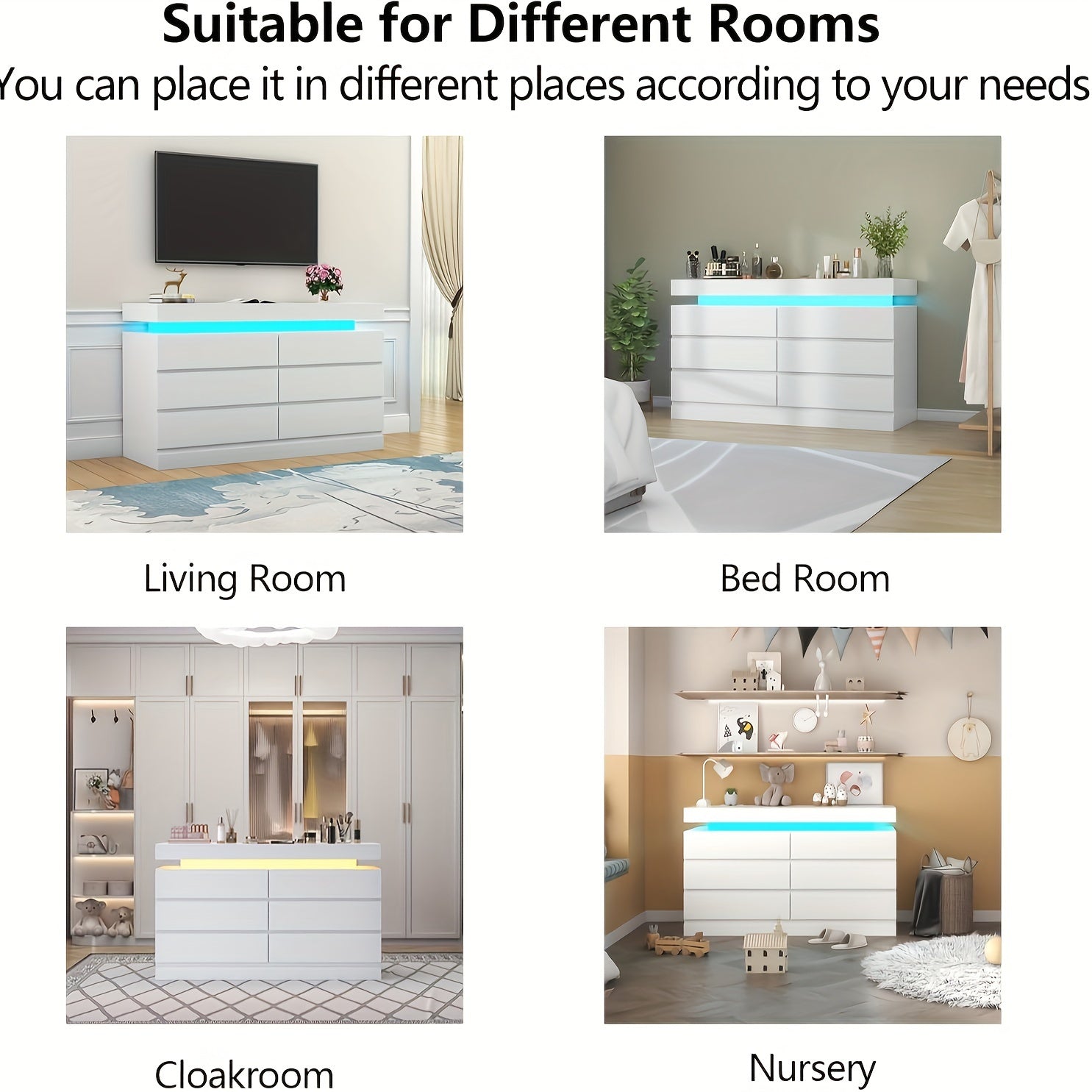 6 Drawer Dresser With Power Outlet Storage Cabinet With LED Light Modern Cabinet Organizer For Closet Double Wide