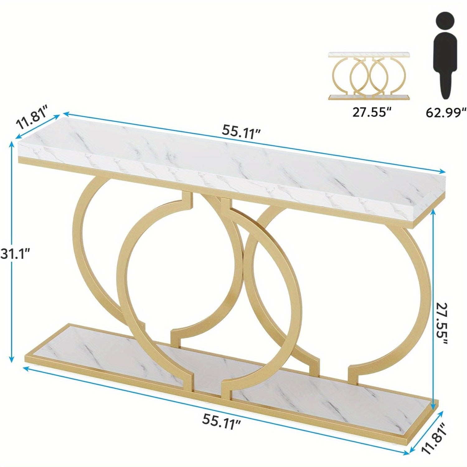 Golden Console Table, 55 inch Faux Marble Entryway Table Narrow Long Sofa Table, Modern Accent Table for Living Room, Entrance Table Geometric Metal Frame