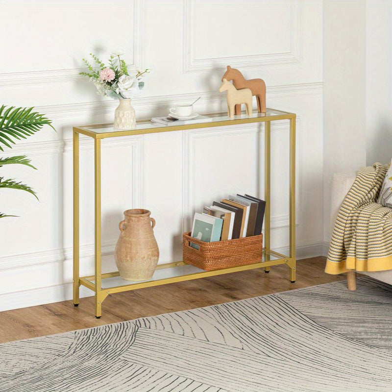 1pc Rustic Golden Metal Frame Console Table with Tempered Glass Top, Multifunctional Sofa Table for Living Room, Hallway - No Electricity Needed, Modern Narrow Couch Table