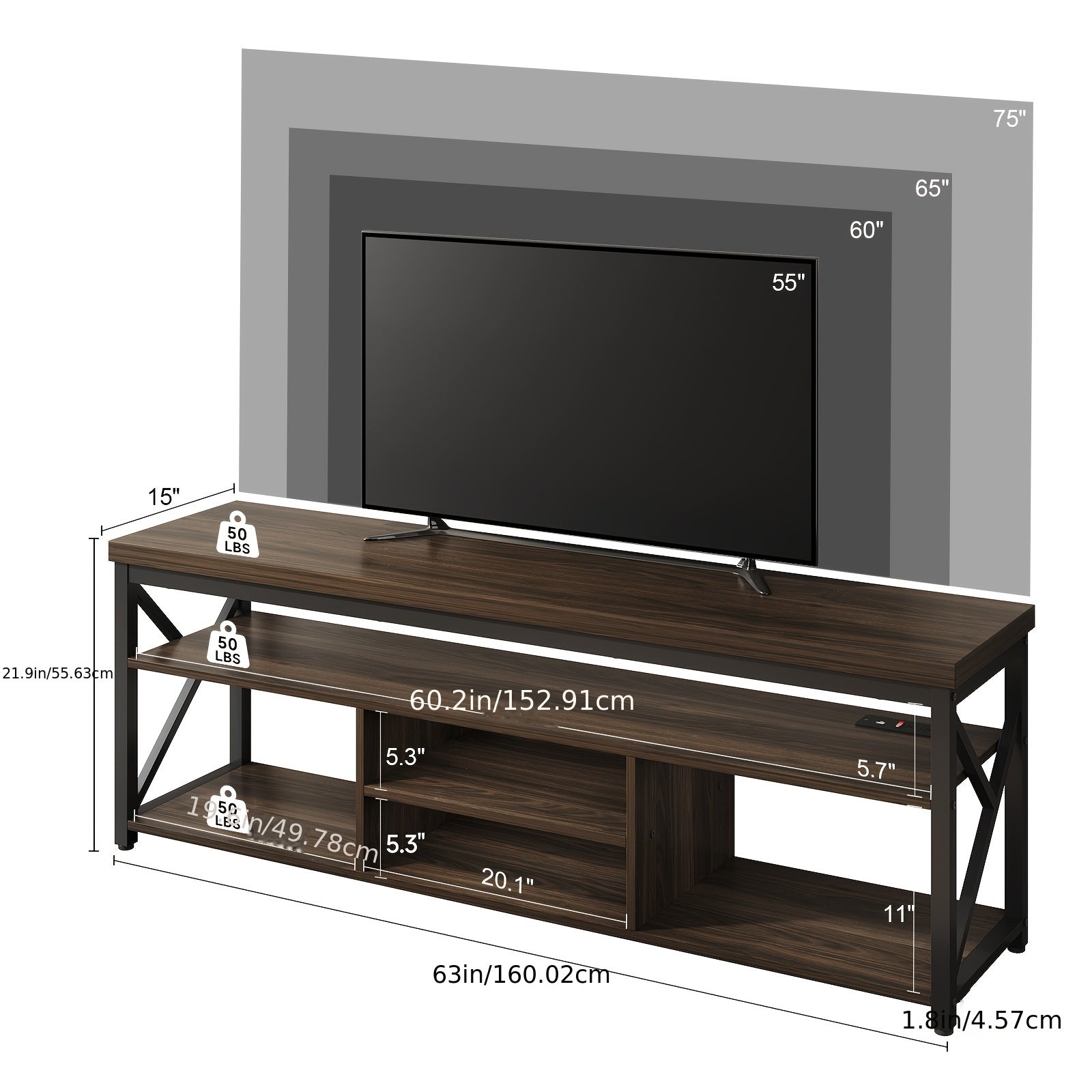 Industrial 63-Inch TV Stand for Up to 70-Inch TVs, Narrow Sofa Table with Metal Frame and 3-Tier Wood Storage Shelf, Space-Saving Console for Living Room, Hallway, Entrance - Black and Brown