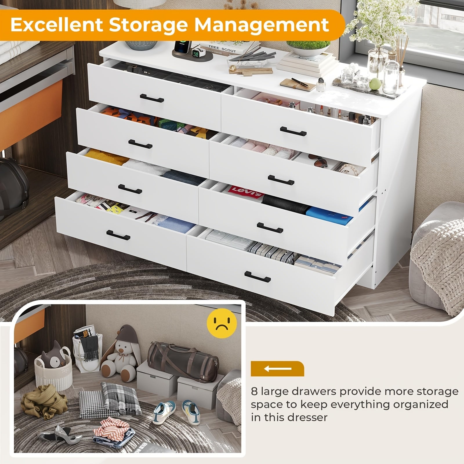 8 Drawer Bedroom Dresser Large Drawer Chest With Charging Station 55.1 Inch Wide Storage Wardrobe Organizer Living Room