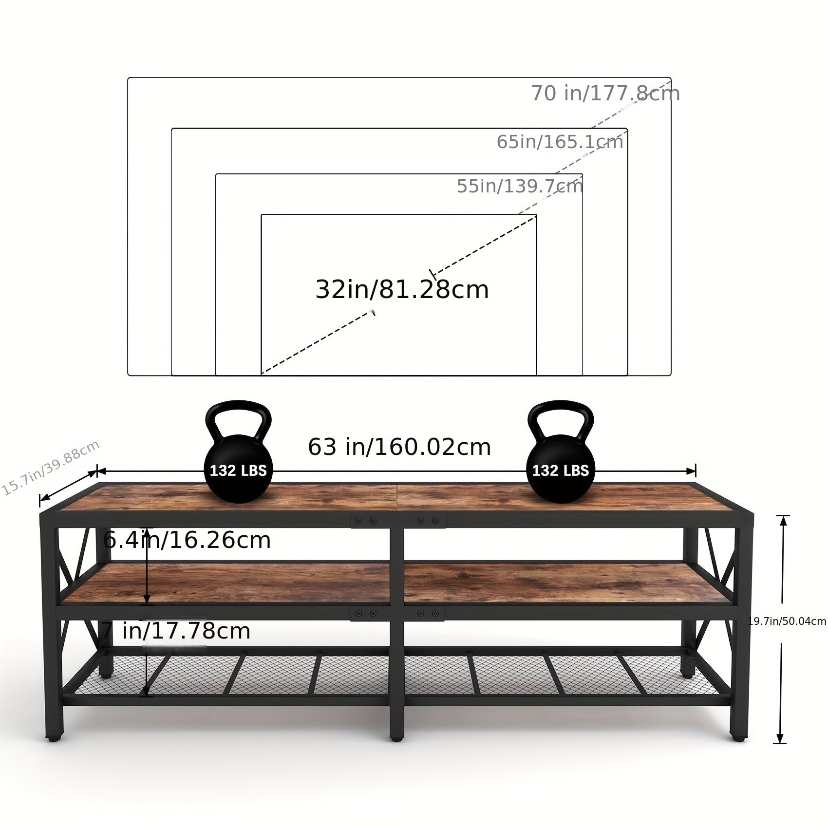 TV Stand for 75 Inch TV, 3 Tiers TV Storage Cabinet Entertainment Center, Retro 63 Inch Long TV Console Table for Living Room, Rustic Brown