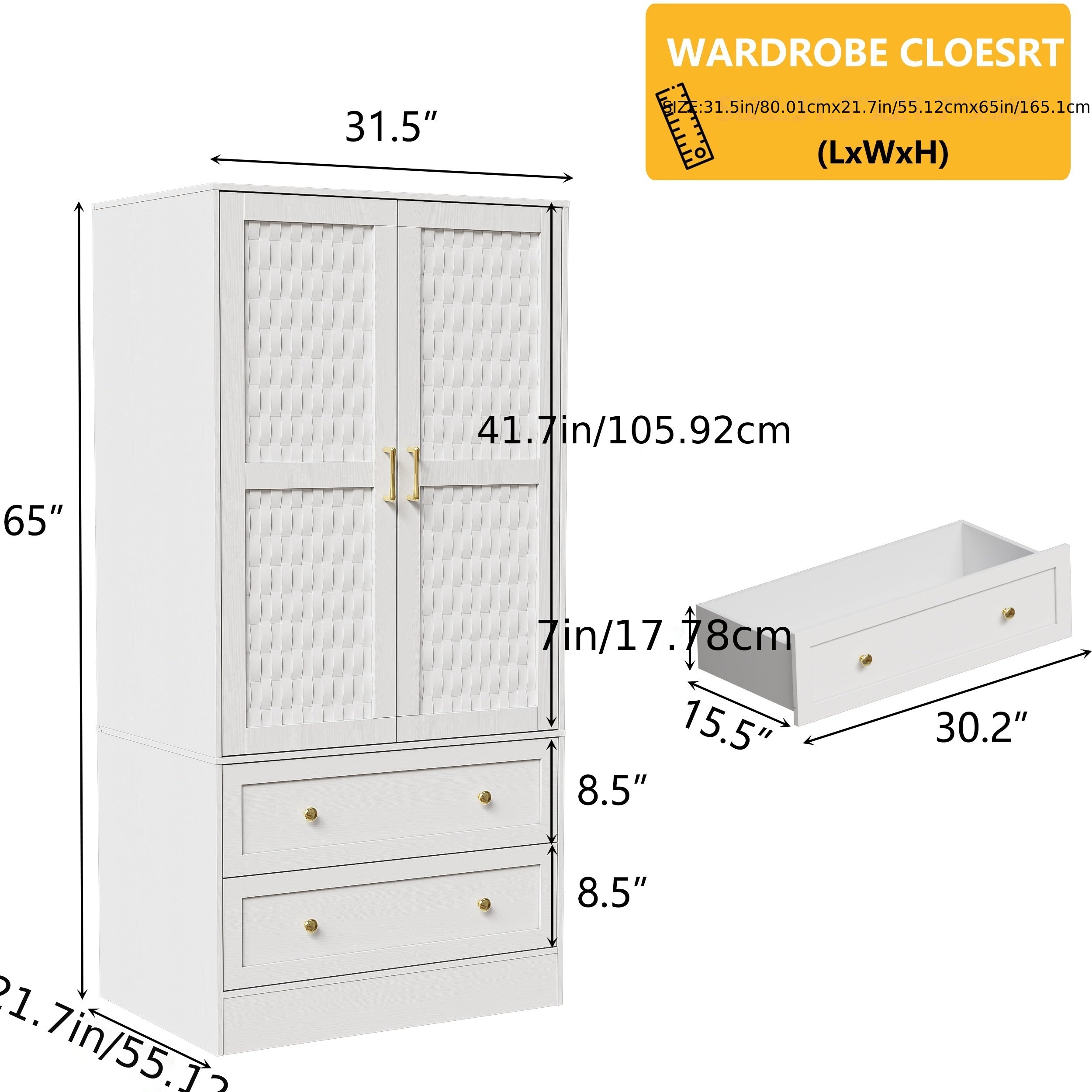 Armoire Wardrobe Closet with 2 Woven Doors, Armoire Storage Closet Cabinet with Drawers, Hanging Rod, Freestanding Wooden Armoire Wardrobe for Bedroom