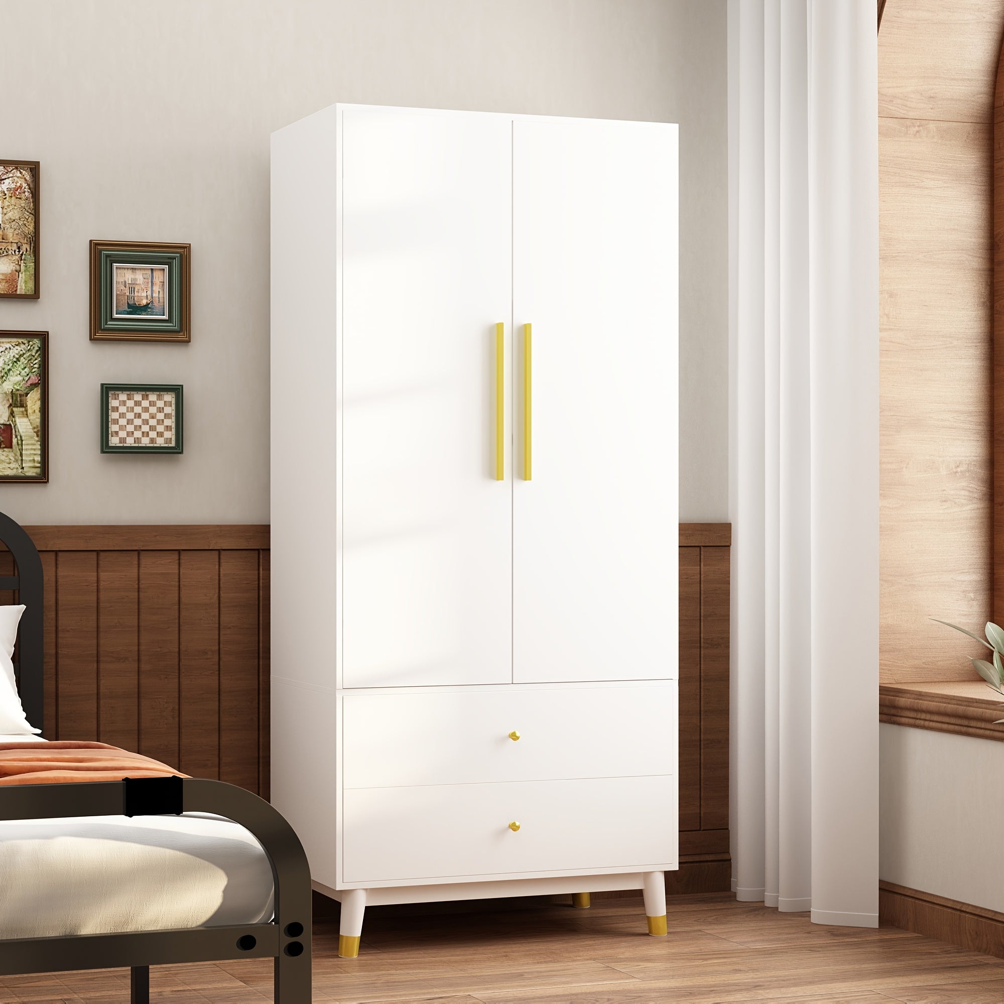 Armoire Large Wardrobe Closet with 2 Doors, Freestanding Wardrobe Cabinet with 2 Drawers Storage Shelves & Hanging Rod, White