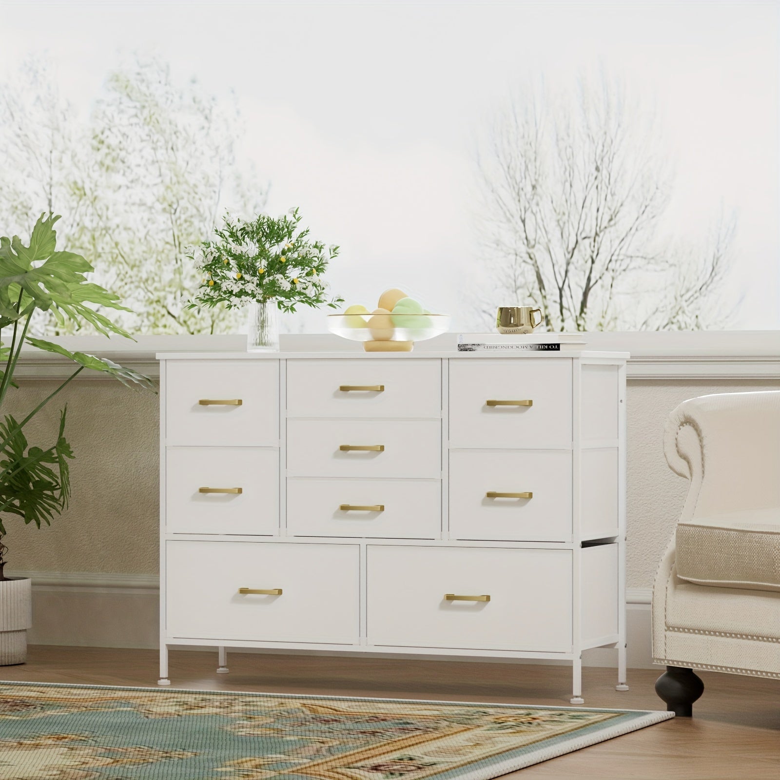 5/8/9 Drawers Dresser For Bedroom White Dresser With Fabric Drawers Chest Of Drawers With PU Finish Metal Handle