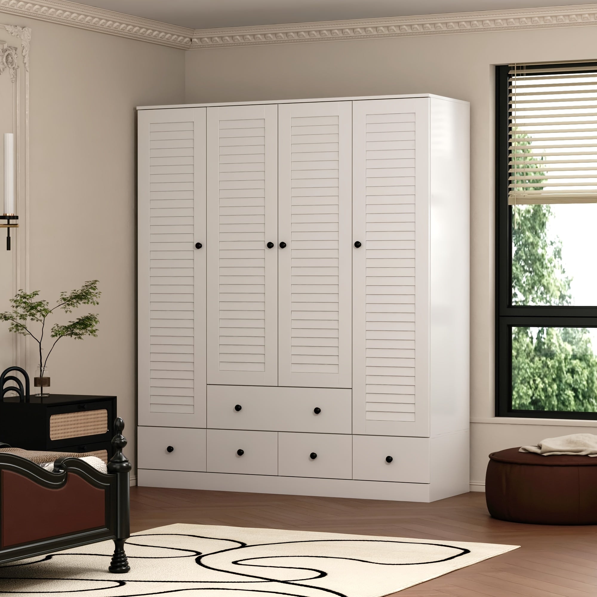 4 Shutter Door Wardrobe Armoire Closet With Shelves And 5 Drawers, Armoire Wardrobe Closet With 2 Hanging Rods, For Bedroom White 59"W X 19"D X 70.9"H