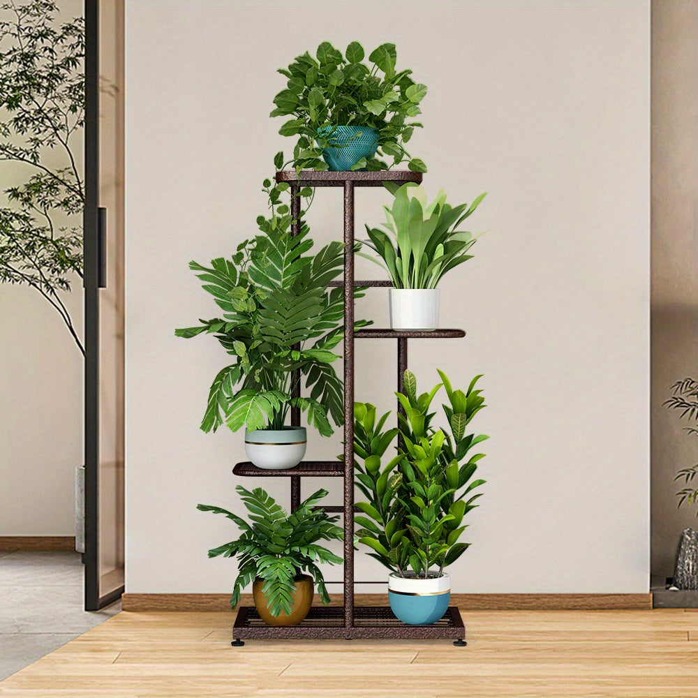 Sturdy 4-Tier Metal Plant Stand for Indoor/Outdoor Use - Space-Efficient 5-Pot Holder, Rust-Resistant with Wide Base & Rounded Edges - Ideal for Patio, Garden Corner, Living Room Decor, Standing Shelf